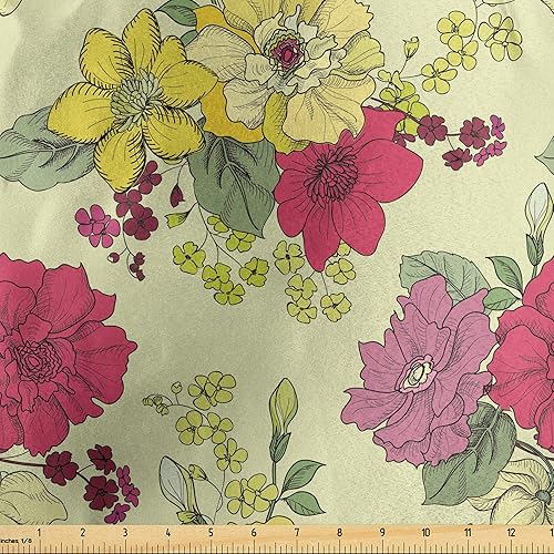 Ambesonne Floral Fabric by The Yard, Continuous Illustration of Naive Nature Style Spring Style Blossoms, Decorative Satin Fabric for Home Textiles