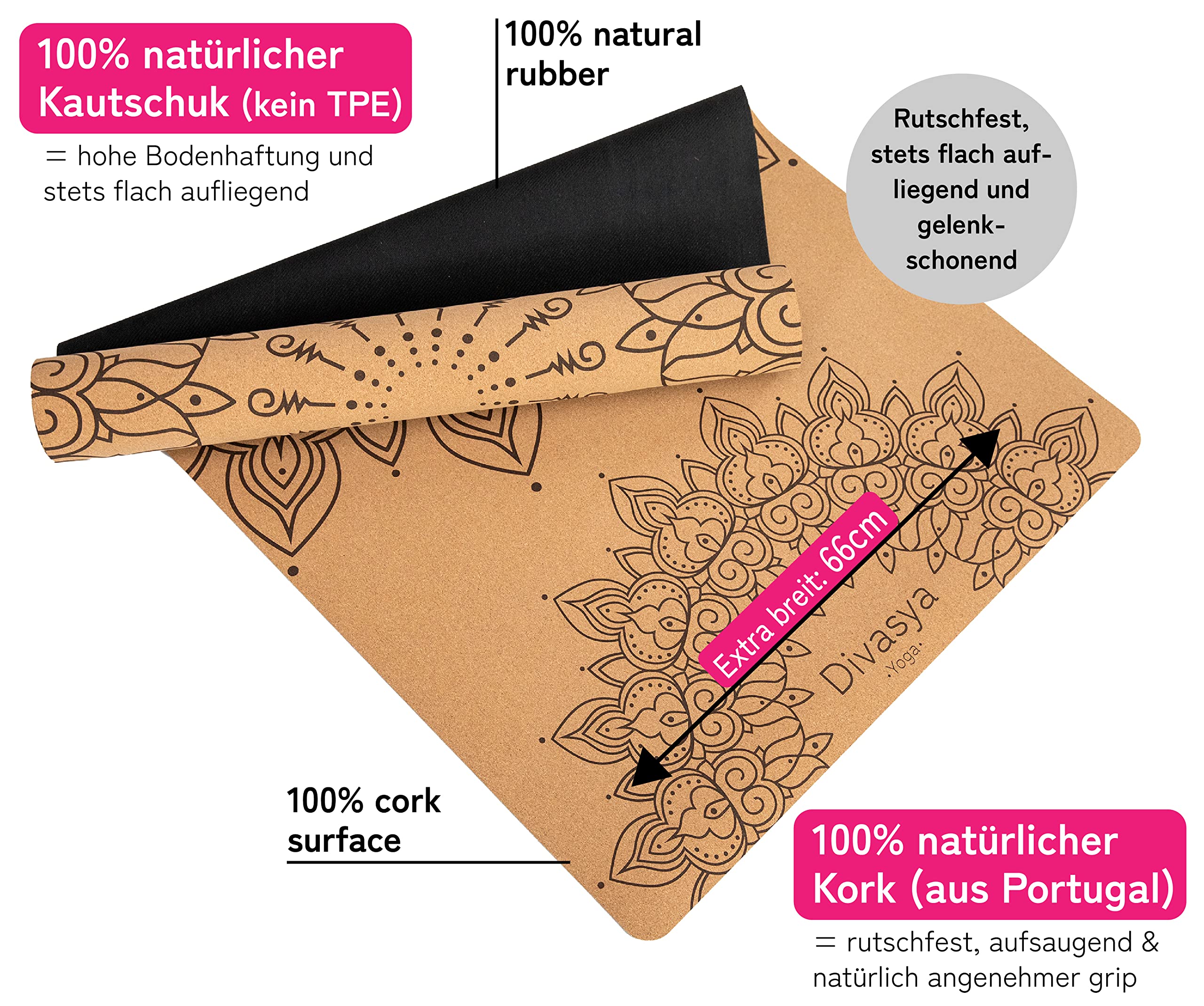 Premium Yogamatte Kork | Naturkautschuk & Kork | inkl. Tragegurt | Yoga Matte Kork: natürlich rutschfest | robust & langlebig | 183 x 66 x 0,4cm | inkl. Tragegurt | Yoga Matte rutschfest