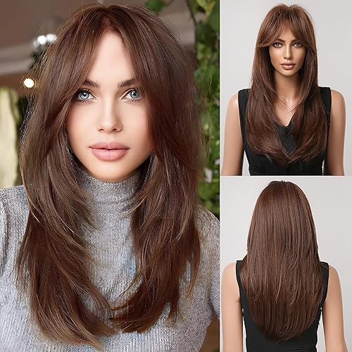 HAIRCUBE Long Layered Synthetic Hair Wigs for Women with Bang