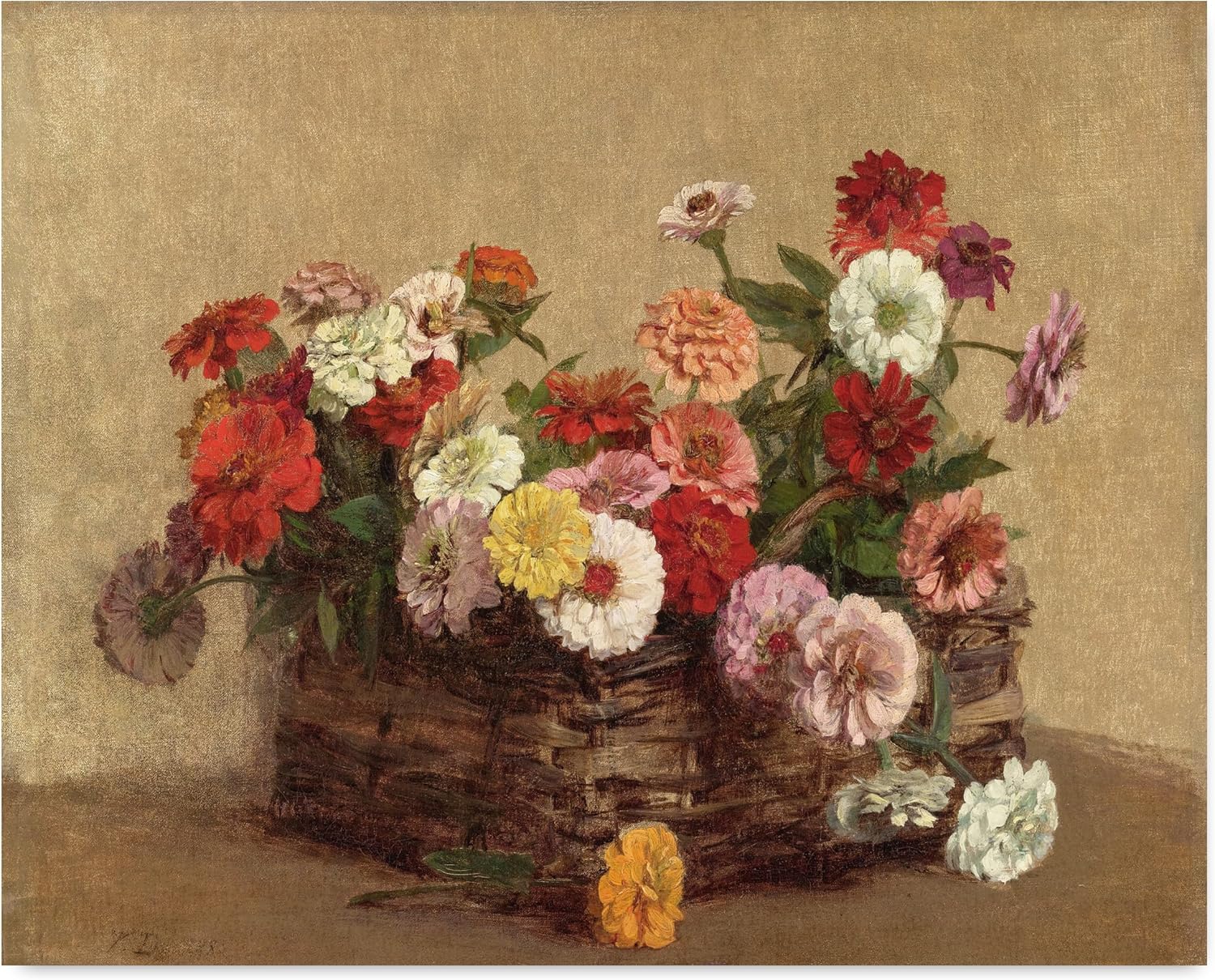 CLOUD NINE PRINTS | Zinnias in a Basket, Vintage Rustic Still Life Print - Summer Farmhouse Wall Art, Garden Flower Decor, Gathered Country Bouquet Art (Unframed 11x14 Print)