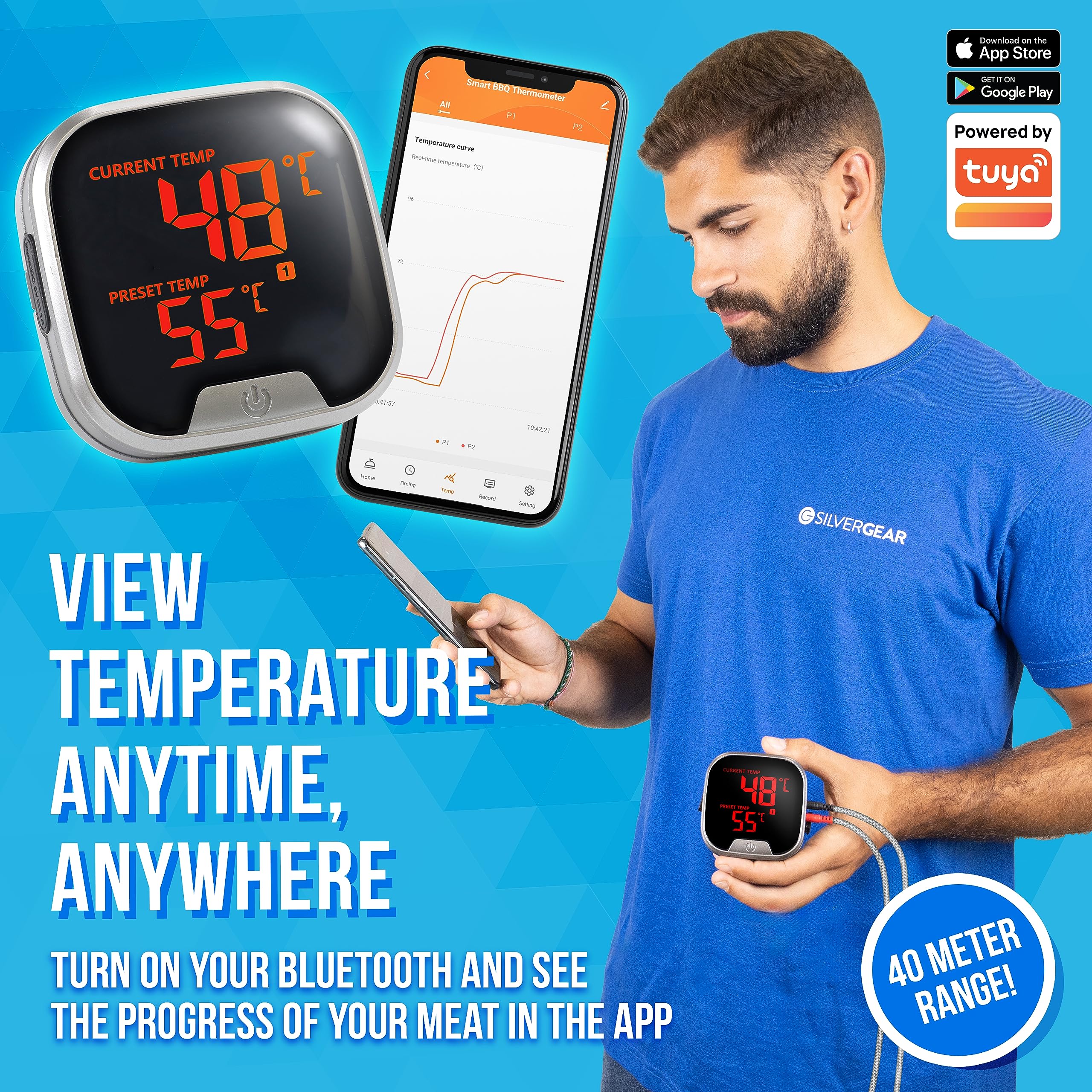Silvergear® Fleischthermometer mit App | Grillthermometer Kabellos Bluetooth | BBQ Thermometer mit 2 Temperaturfühlern | 40m Reichweite | Digital Braten-Thermometer für Grill & Backofen| USB-Aufladbar