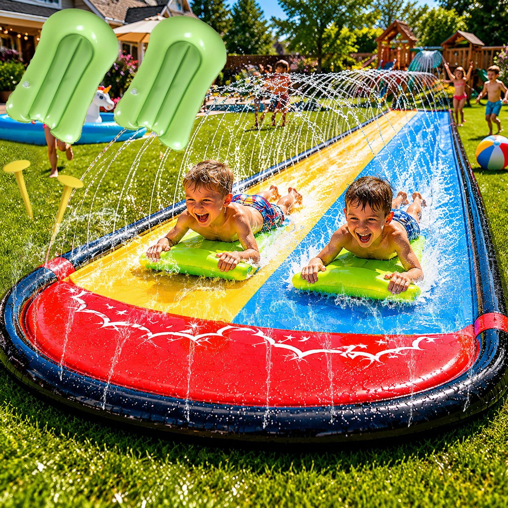 Wasserrutsche 15.75ft/480cm mit 2 Bodyboards eingebautem Sprinkler für Kinder Blau Gelb