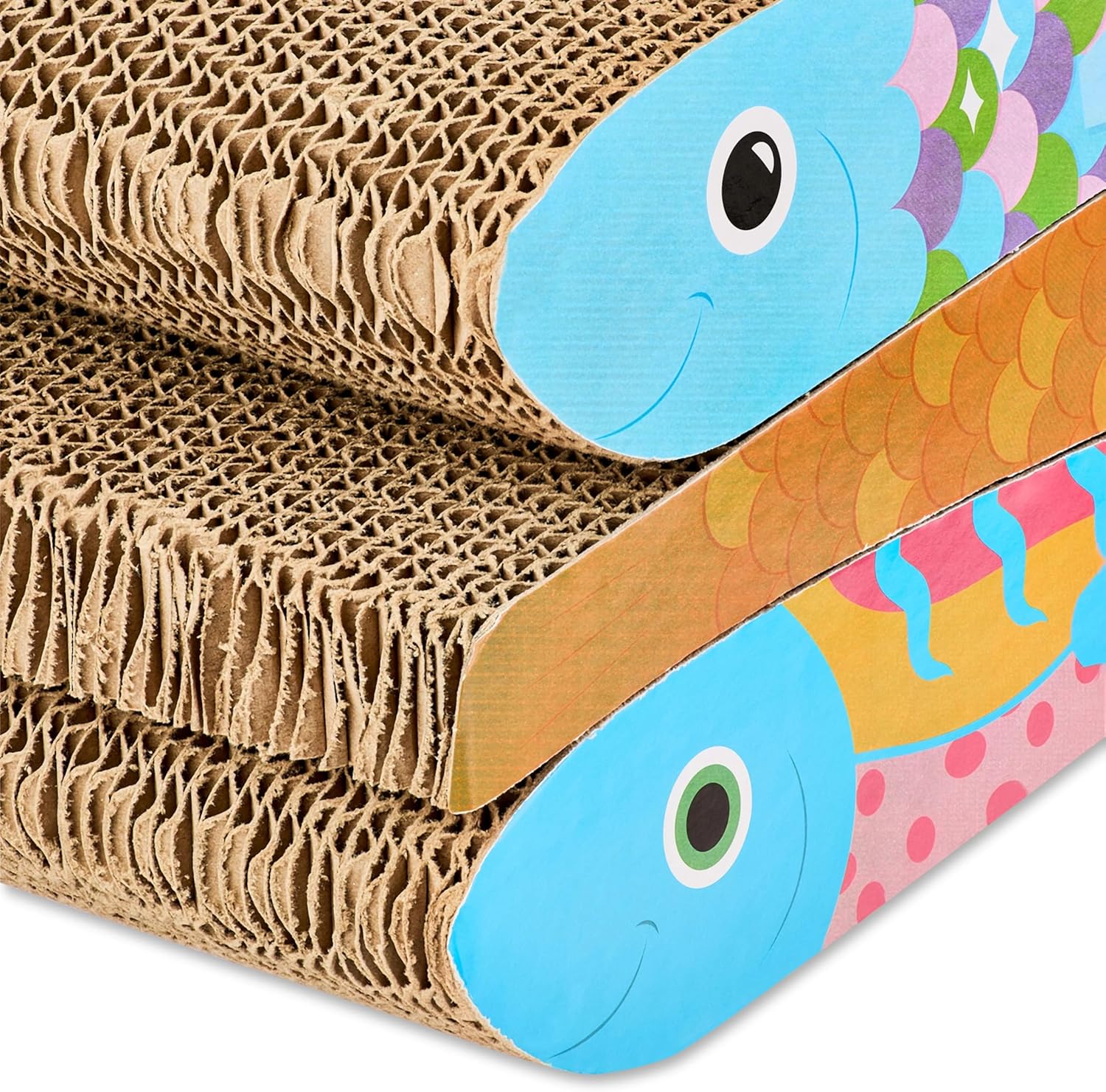 Replaceable Fish-Shaped Cat Scratcher Pad, 3-Pack Durable Corrugated Cardboard, Large 27x8x2.5 Inch Scratch Board for Indoor Cats, Multi-Color