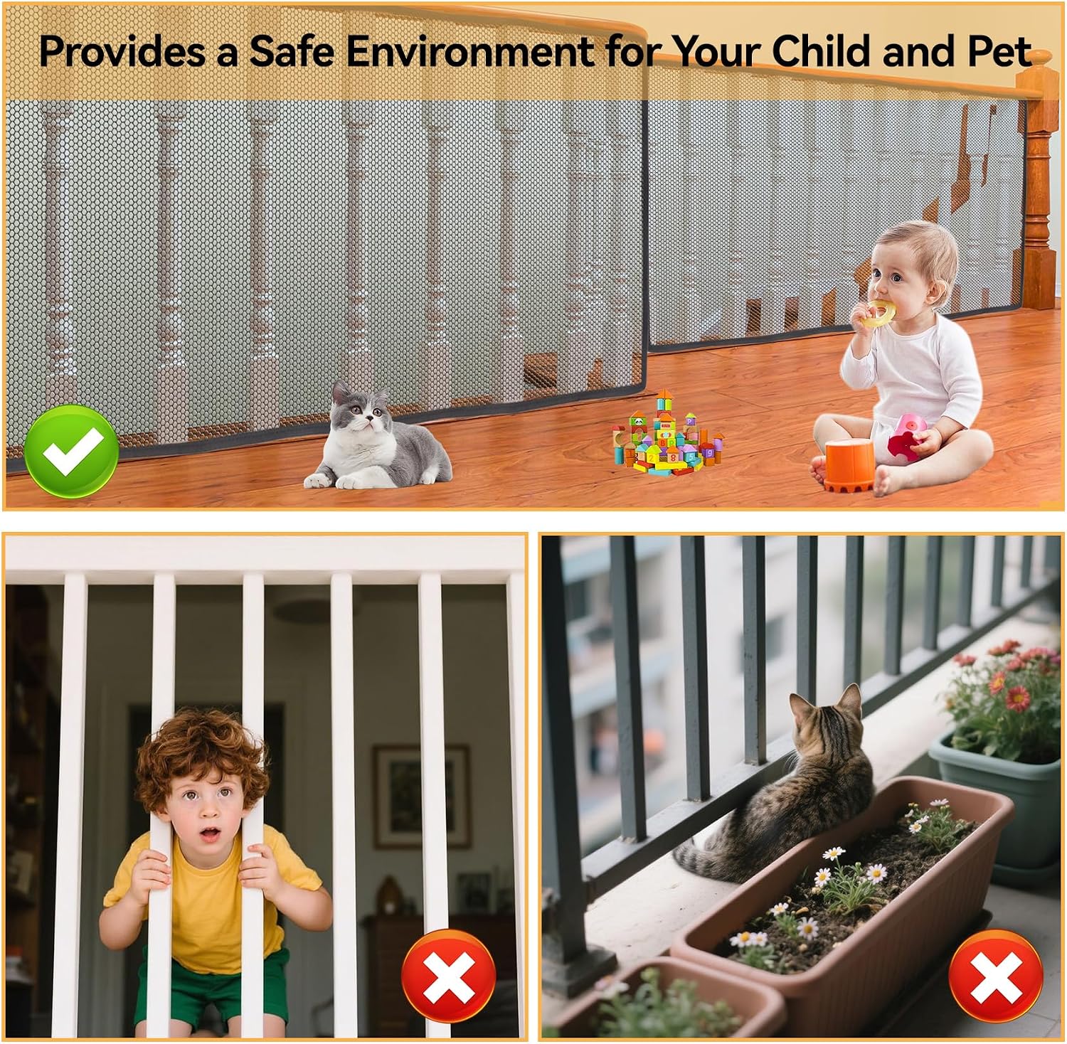 Klmnop Banister Guard for Baby - 15 x 3ft Balcony Safety Net for Kids and Pets, Stairs Rail Mesh with No Drilling Provides a Safe Environment for Your Child Pet(Black)