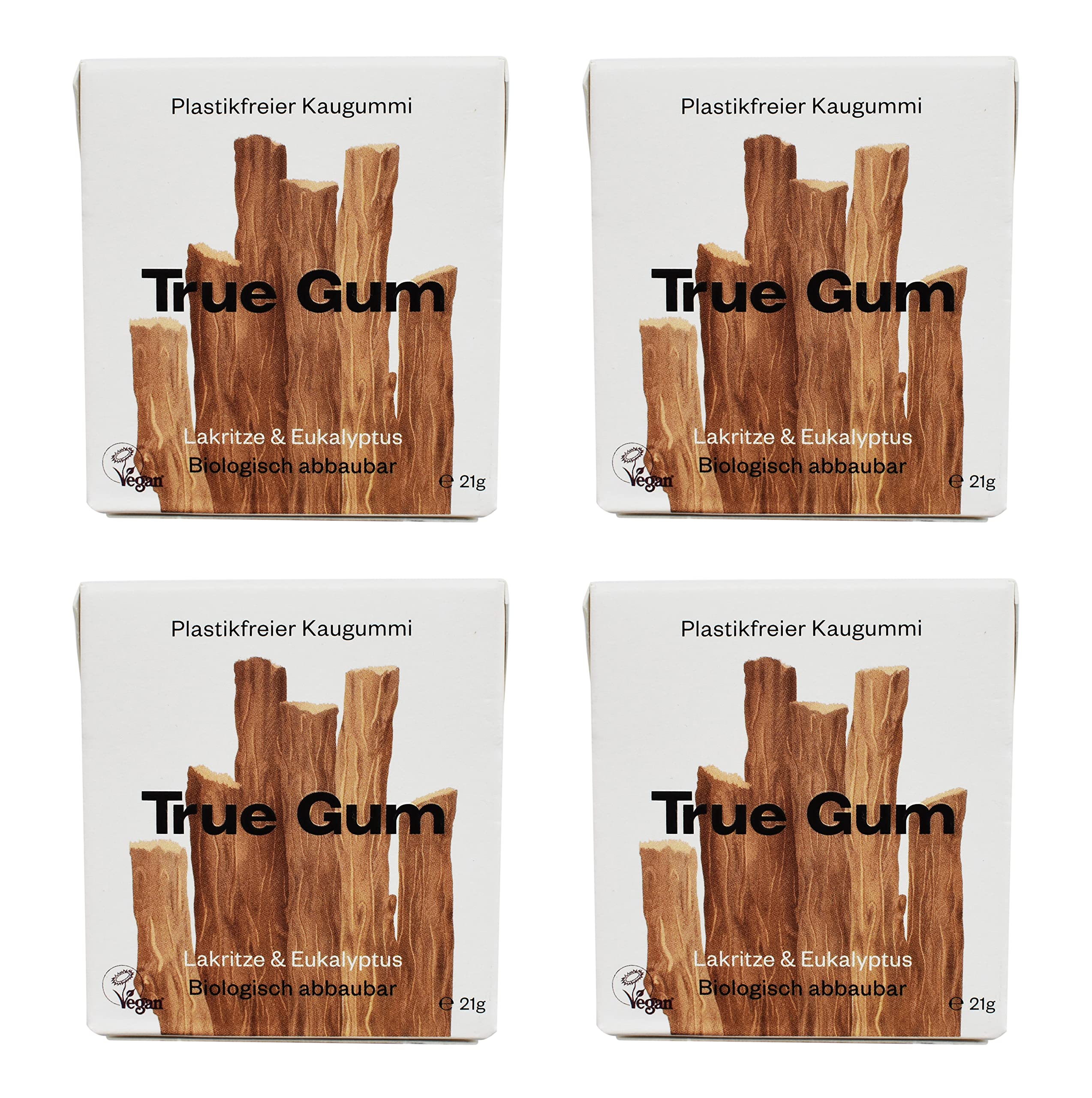 True Gum 4er SET: Lakritze & Eukalyptus | Plastikfreier Kaugummi | Biologisch Abbaubar | Vegan | 4 x 21g, 84g