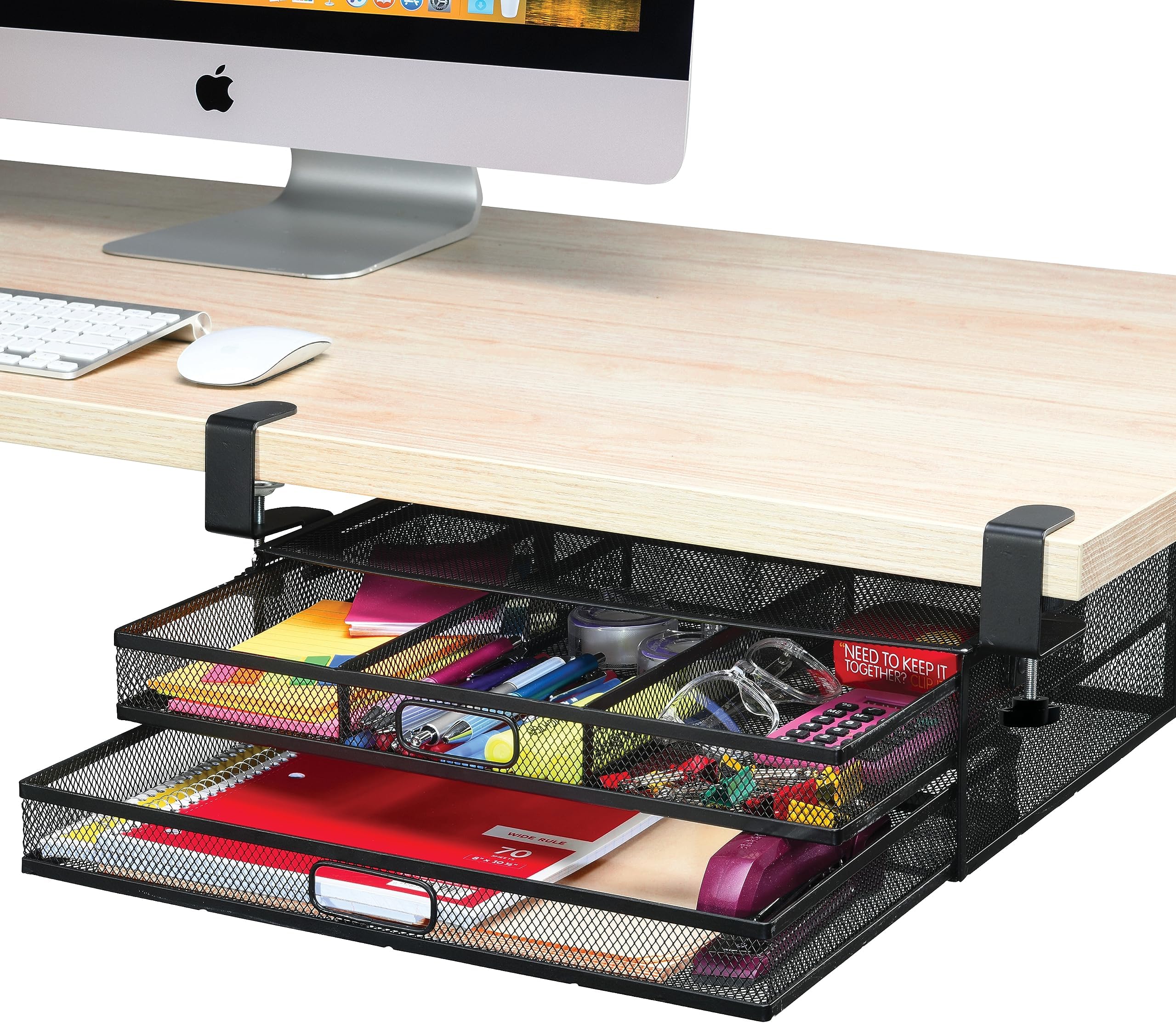 Homeify Under Desk Drawer Organizer Clamp-On, Mesh Metal Drawer Attachment, 2 Drawer Slide Out, On Or Under Desk Organizer For Office Supplies & Home Essentials (2 Drawers)