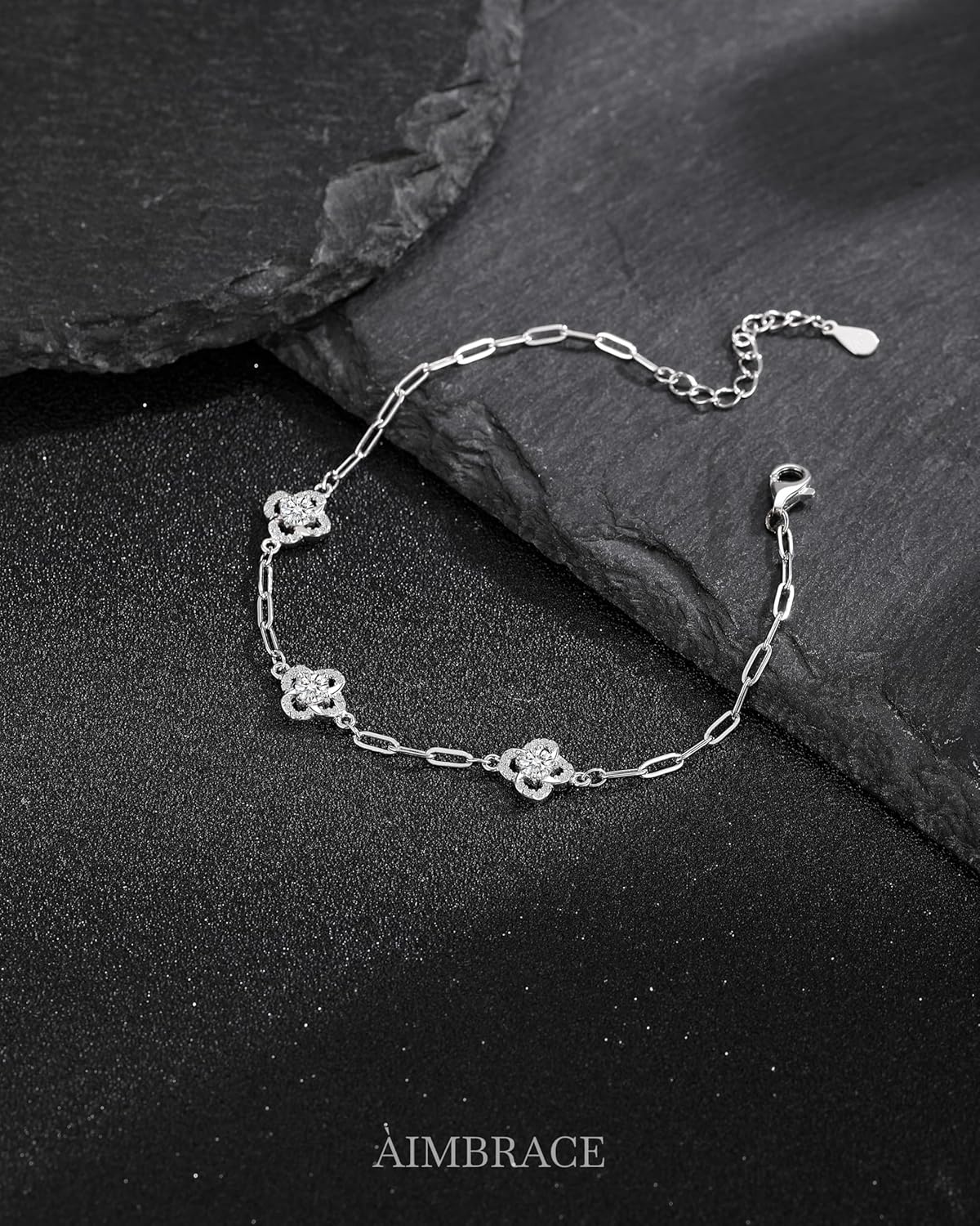 ÀIMBRACE Moissanite Bracelets for Women: Moissanite Link Clover Charm Bracelet, 925 Sterling Silver, 18K White Gold Plated, Rhodium Finish, Adjustable, Floral Halo, Fine Jewelry Gift Ideas for Women
