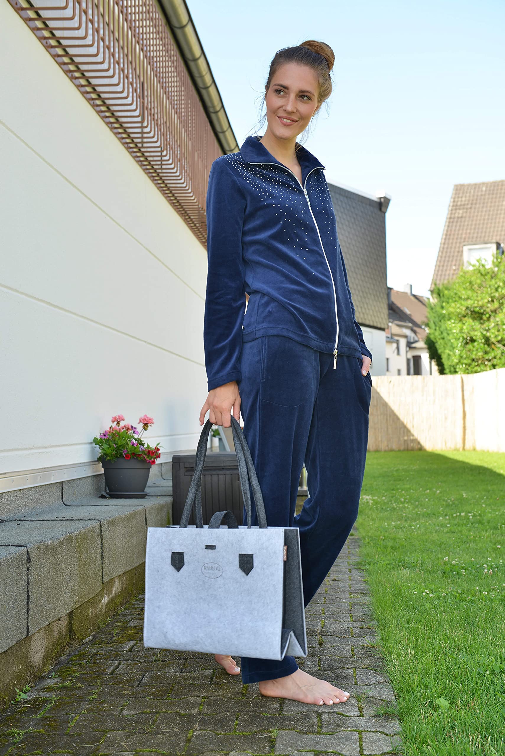 DeSen Damen Velours Nicki Freizeitanzug Fitnessanzug Hausanzug Jogginganzug Nicki-Anzug mit Reißverschluss und Glitzersteinen