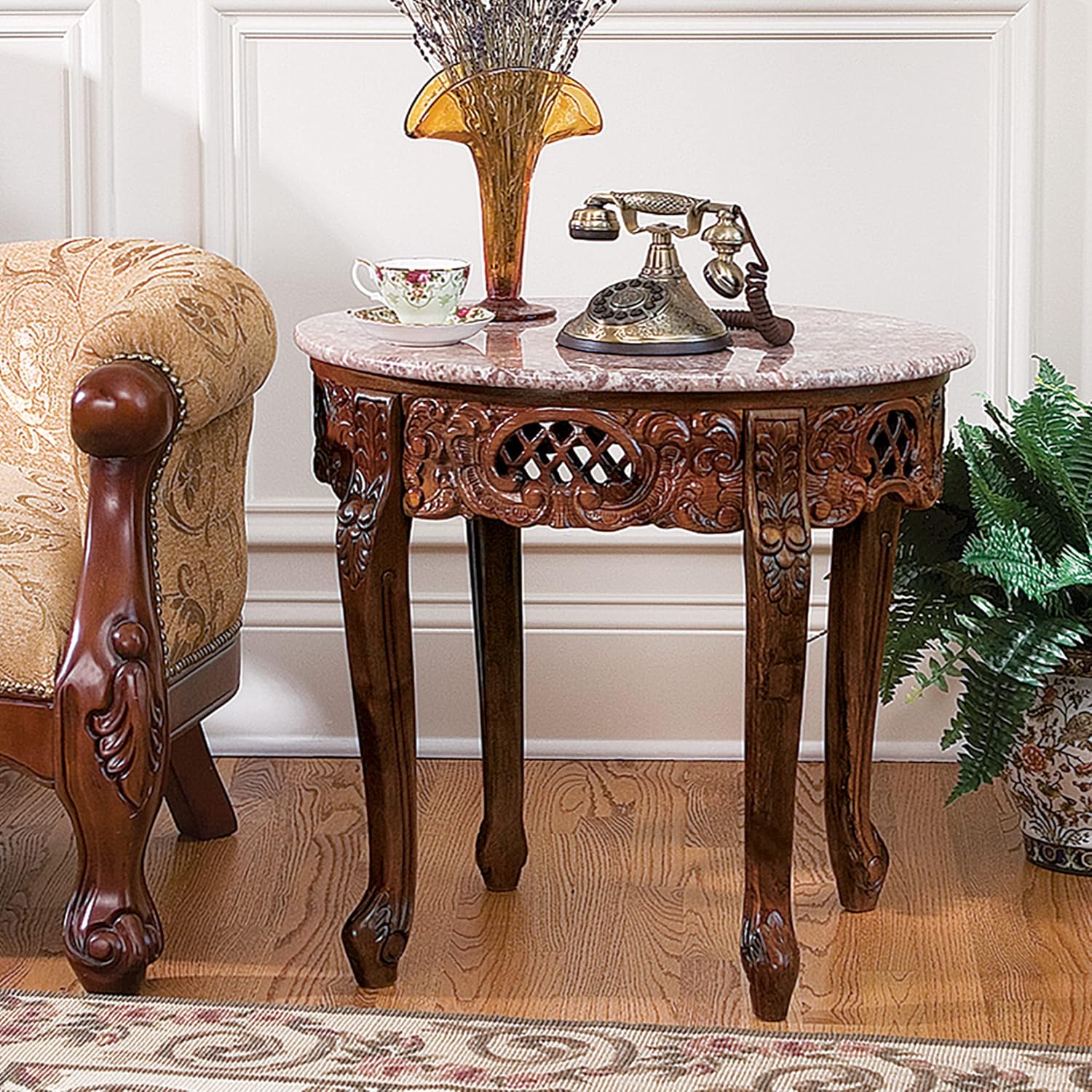 Chantret Hand-Carved Hardwood Side Table with Marble Top