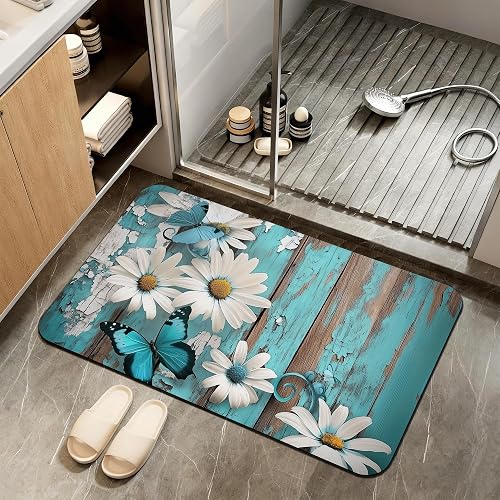 ZTHLL Diatomaceous Earth Bath Mat,White Daisy Bath Rugs,Vintage Wood Non-Slip Th