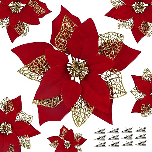 Flores de Pascua artificiales con purpurina y clips de bricolaje para decoración, adornos y coronas de Navidad para decorar árboles de Navidad y