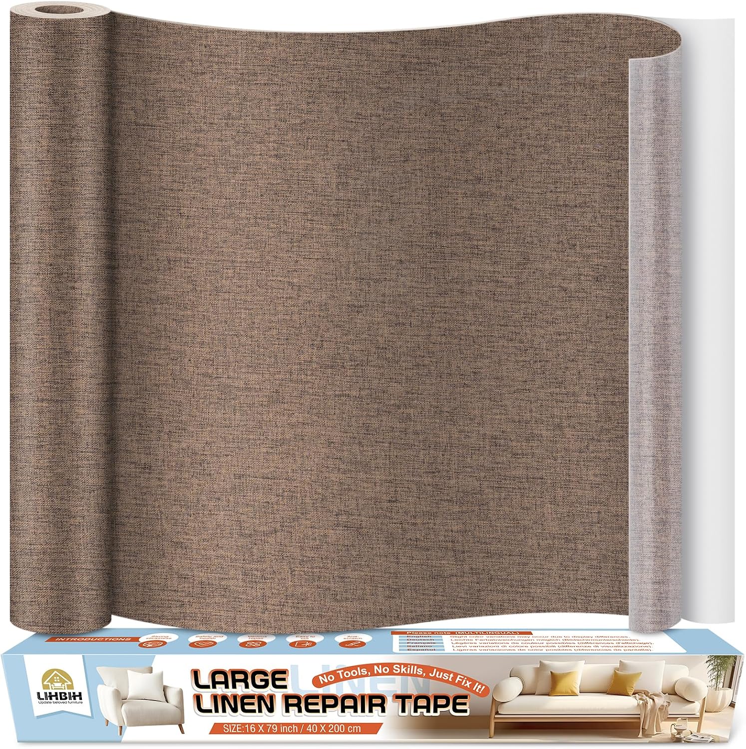 Linen Fabric Repair Tape 16x79 Inch, Self Adhesive Couch Patch Repair Fabric Tape for Furniture, Linen Patch Kit for Couch, Carpet, Upholstery, Chair, Sofa, Cushion, Bag (Dark Grey)