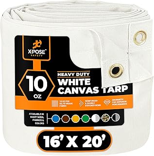 Xpose Safety Canvas Tarp - 10oz White Canvas Tarps Heavy Duty Water Resistant with Brass Grommets- Multipurpose Outdoor Tarpaulin for Camping, Canopy, Trailer, Equipment Cover 16' x 20'