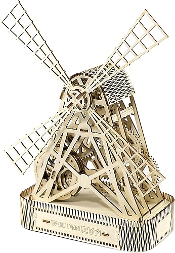 WOODEN.CITY Mill - Rompecabezas de madera 3D para adultos, construye tu propio molino con motor de banda de goma, modelo de autoensamblaje, regalo