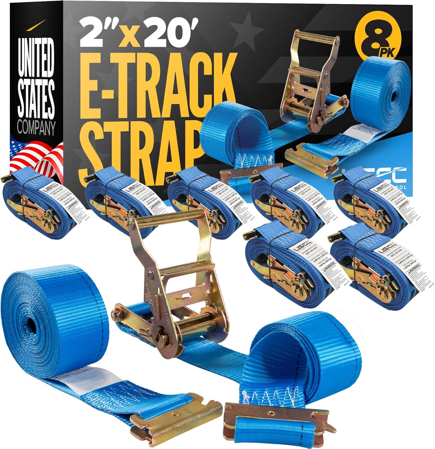 US Cargo Control E-Track Ratchet Straps (8-Pack), 4,400 LBS Break Strength, 2 Inch x 20 Foot Heavy Duty Blue E-Track Straps with 4 Foot Fixed End and Spring E-Fittings, Logistic Tiedowns