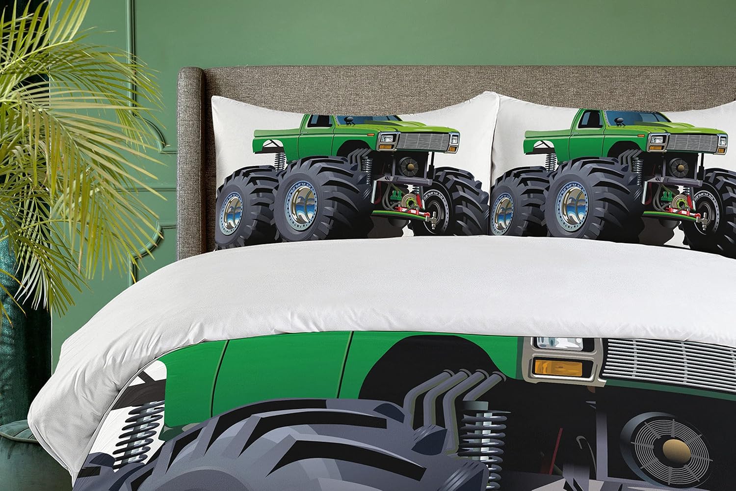 Ambesonne Cars Duvet Cover Set, Giant Monster Pickup Truck Large Tires and Suspension Extreme Biggest Wheel Print, Decorative 3 Piece Bedding Set with 2 Pillow Shams, Queen Size, Green Grey Queen Green Grey