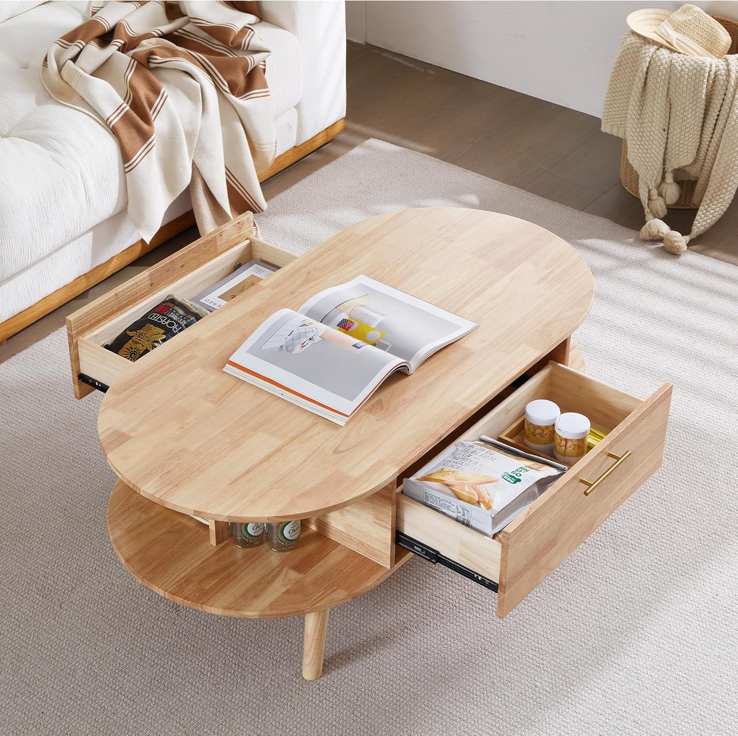 47.2" Solid Wood Coffee Table for Living Room, Large Oval Center Table with Storage, 2 Sliding Drawers & 2 Open Shelves, Easy Assembly (Natural Oak)