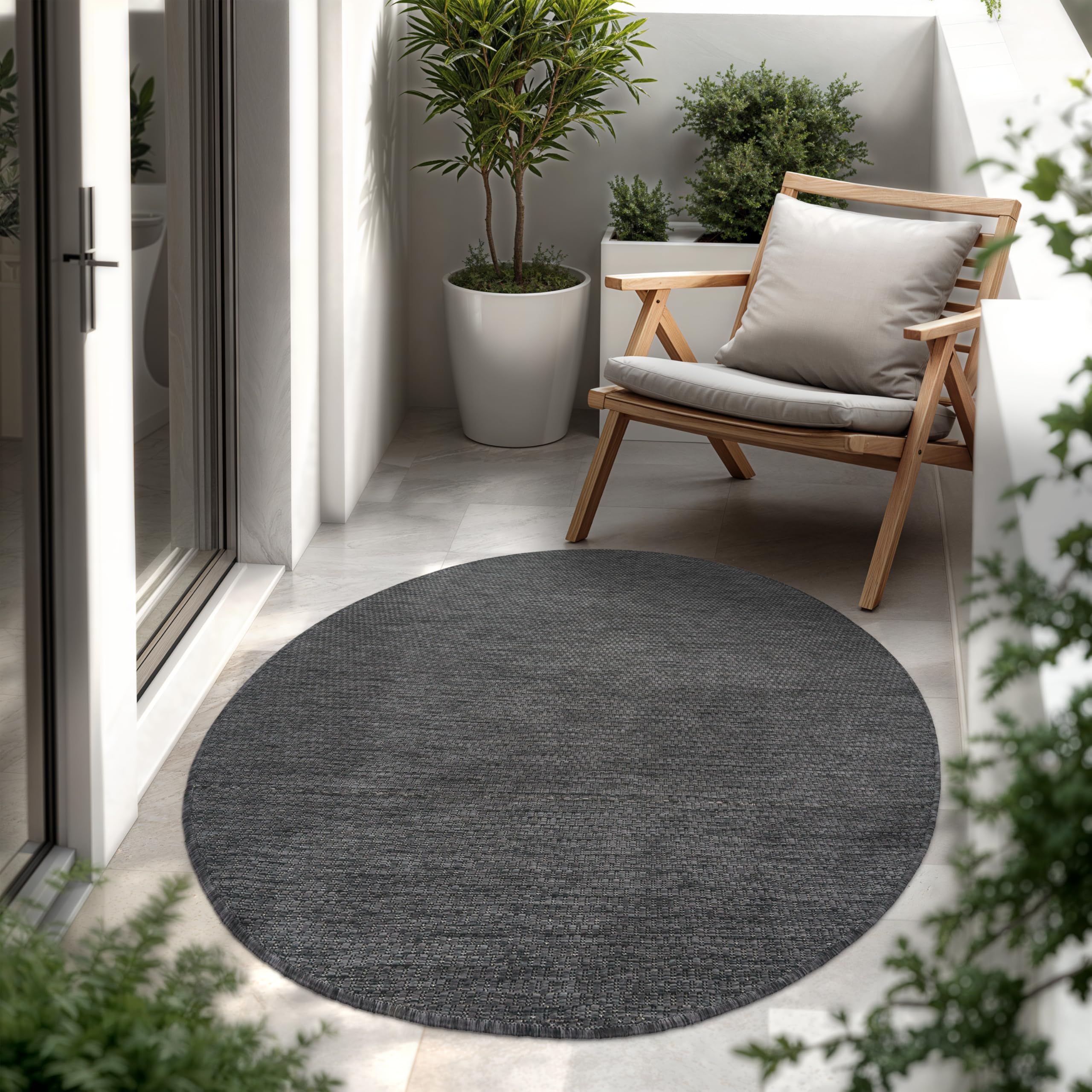 Paco Home Alfombra Exterior Interior Balcón Terraza Alfombra Cocina Monocolor Jaspeado, tamaño:Ø 120 cm Redon, Color:Antracita OEKO-TEX STANDARD 100