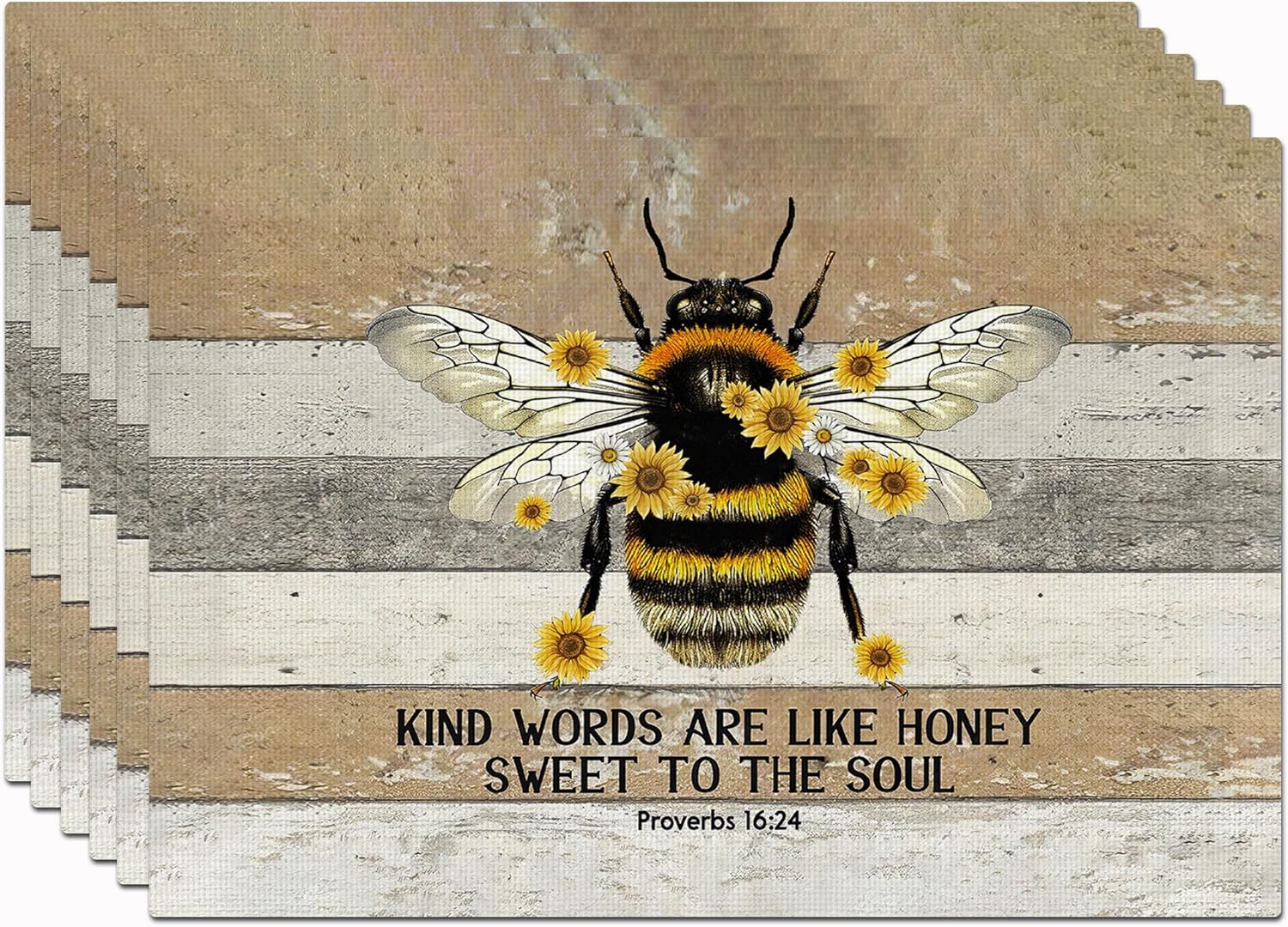 Bee Placemats Set of 6 Honey Bees Sunflowers Table Mats Washable Place Mats for Home Party Indoor Kitchen Dining Table Decoration 12x18 Inch