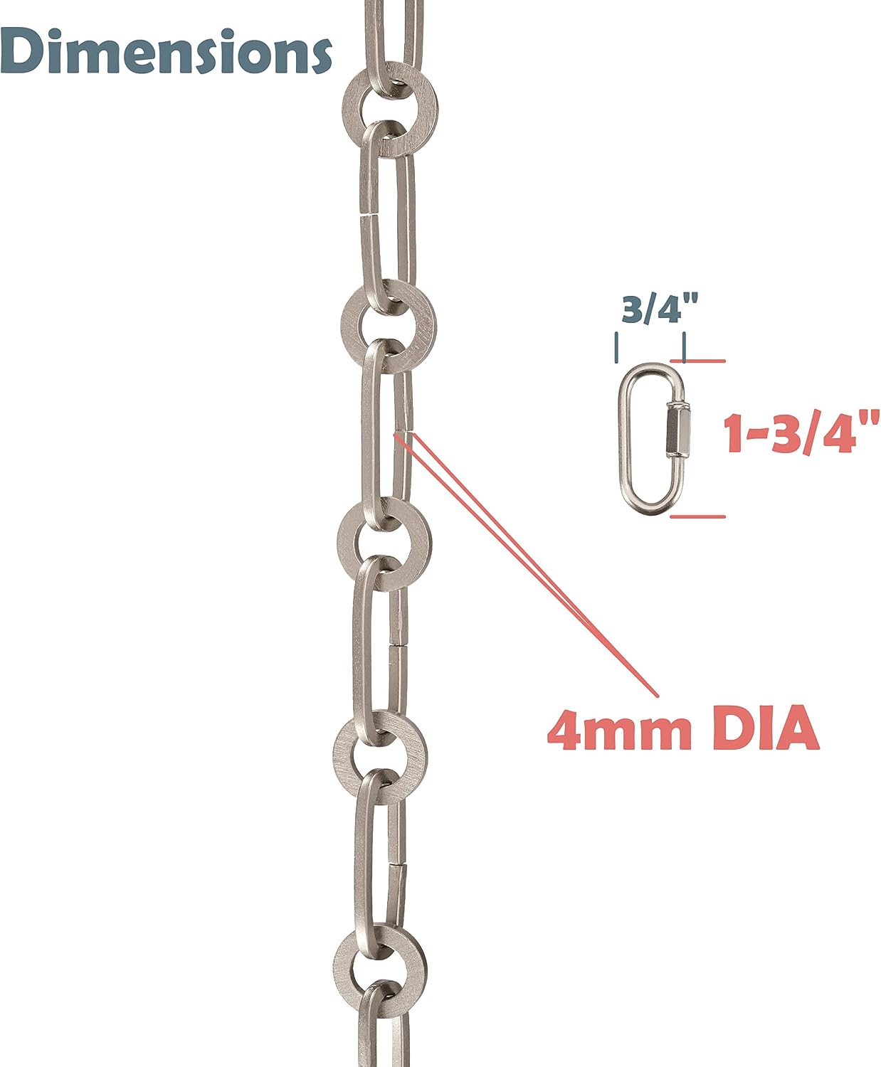 Aspen Creative 21124-09-1, Steel Heavy Duty Chain & Two Quick Link Connector for Lighting Fixture/Swag Light/Plants / 3 Feet, Satin Nickel, 8 Gauge