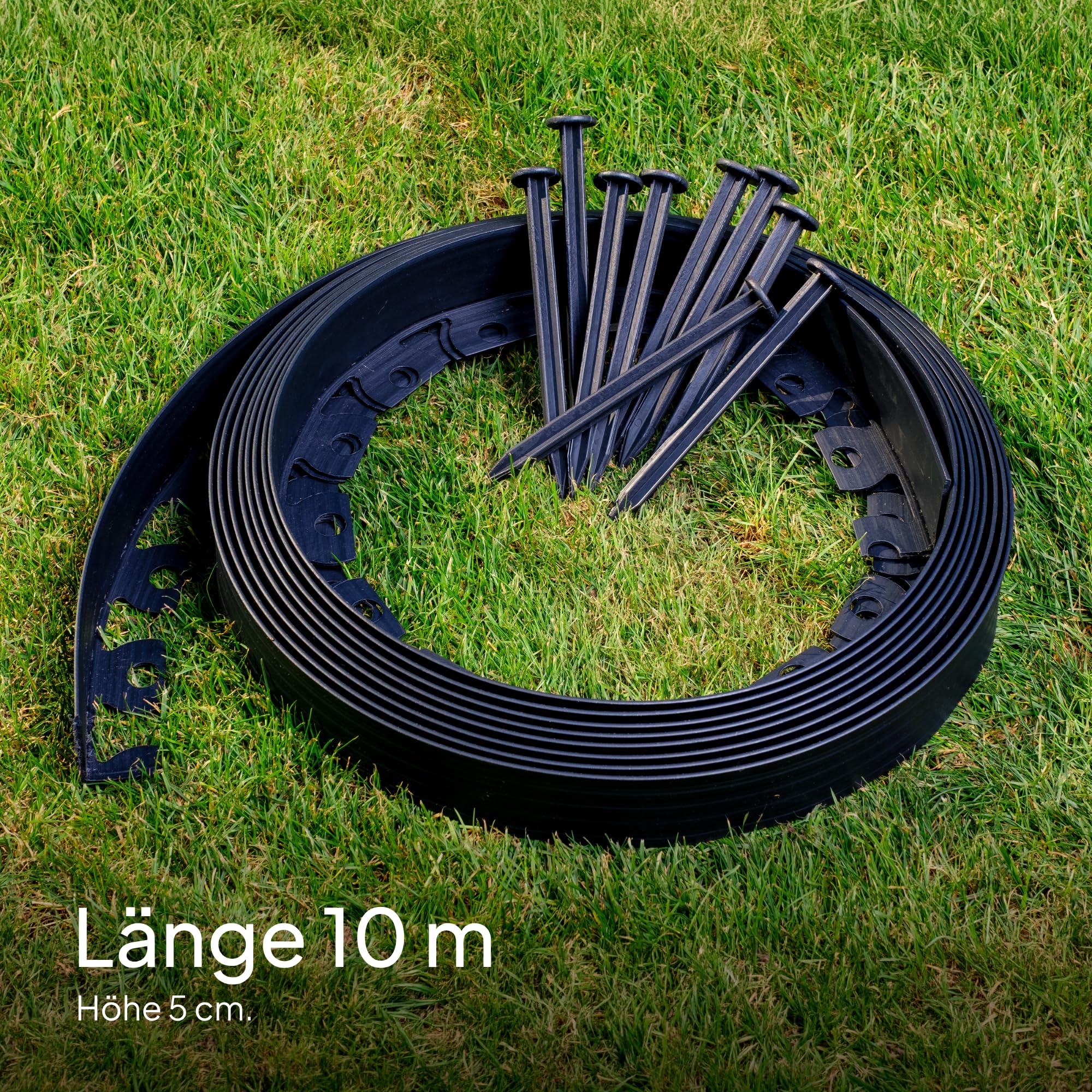 Flexible Rasenkante Kunststoff (10 m, schwarz) mit 30 Erdanker - Höhe 50 mm - Unsichtbare Raseneinfassung aus recyceltem Plastik - Leicht zu verarbeiten
