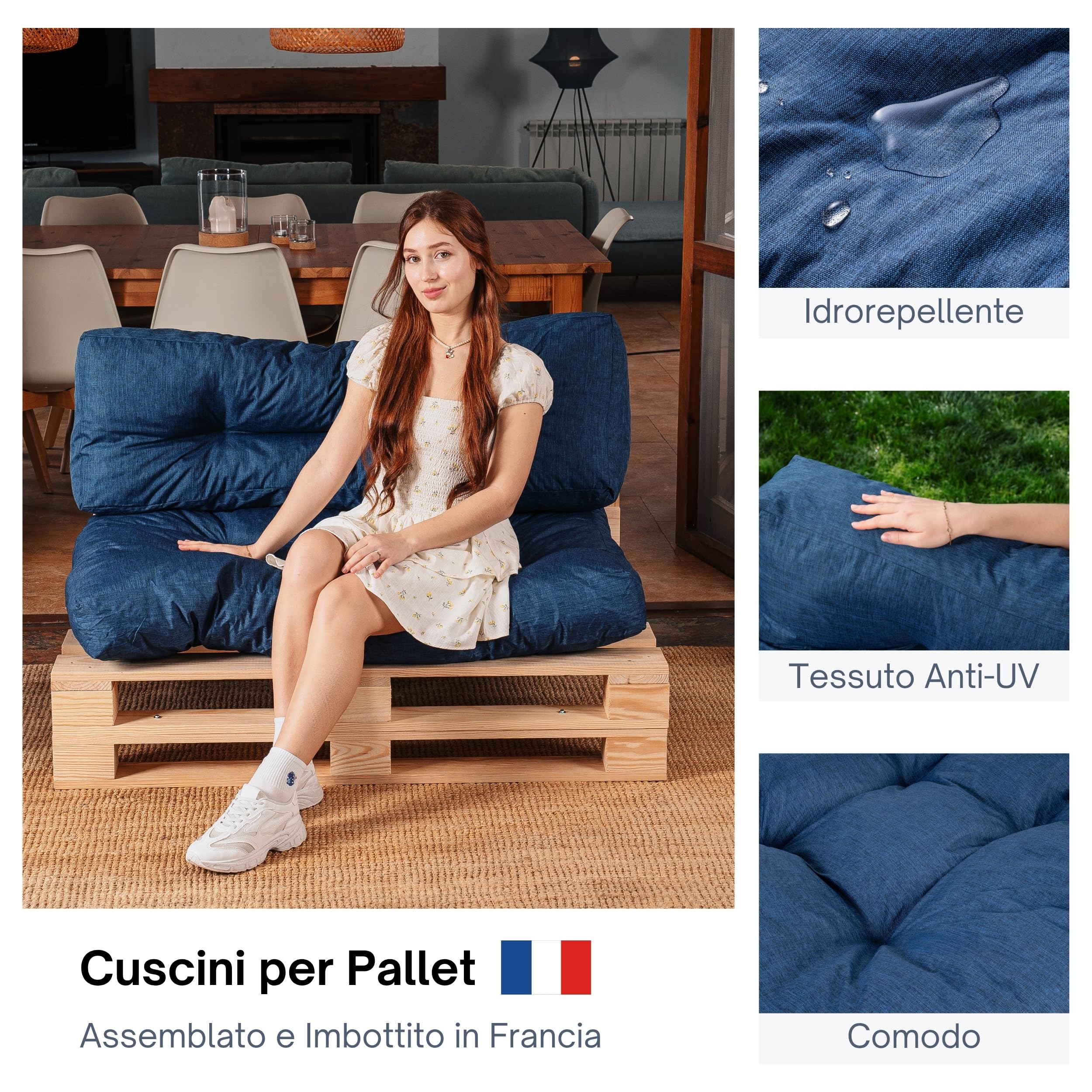 bananair - Cuscini per Pallet - Tessuto Idrorepellente e Anti-UV - Molto Confortevole, Imbottito in Schiuma - Cuscini per Divano Esterno Giardino (Seduta 120x80 cm + Schienale 120x40 cm, Blu)