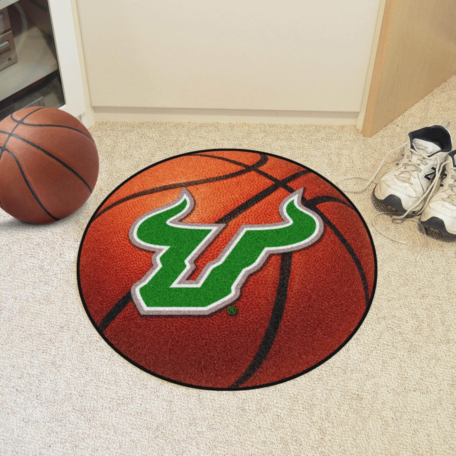 FANMATS 536 South Florida Bulls Basketball Shaped Rug - 27in. Diameter, Basketball Design, Sports Fan Accent Rug