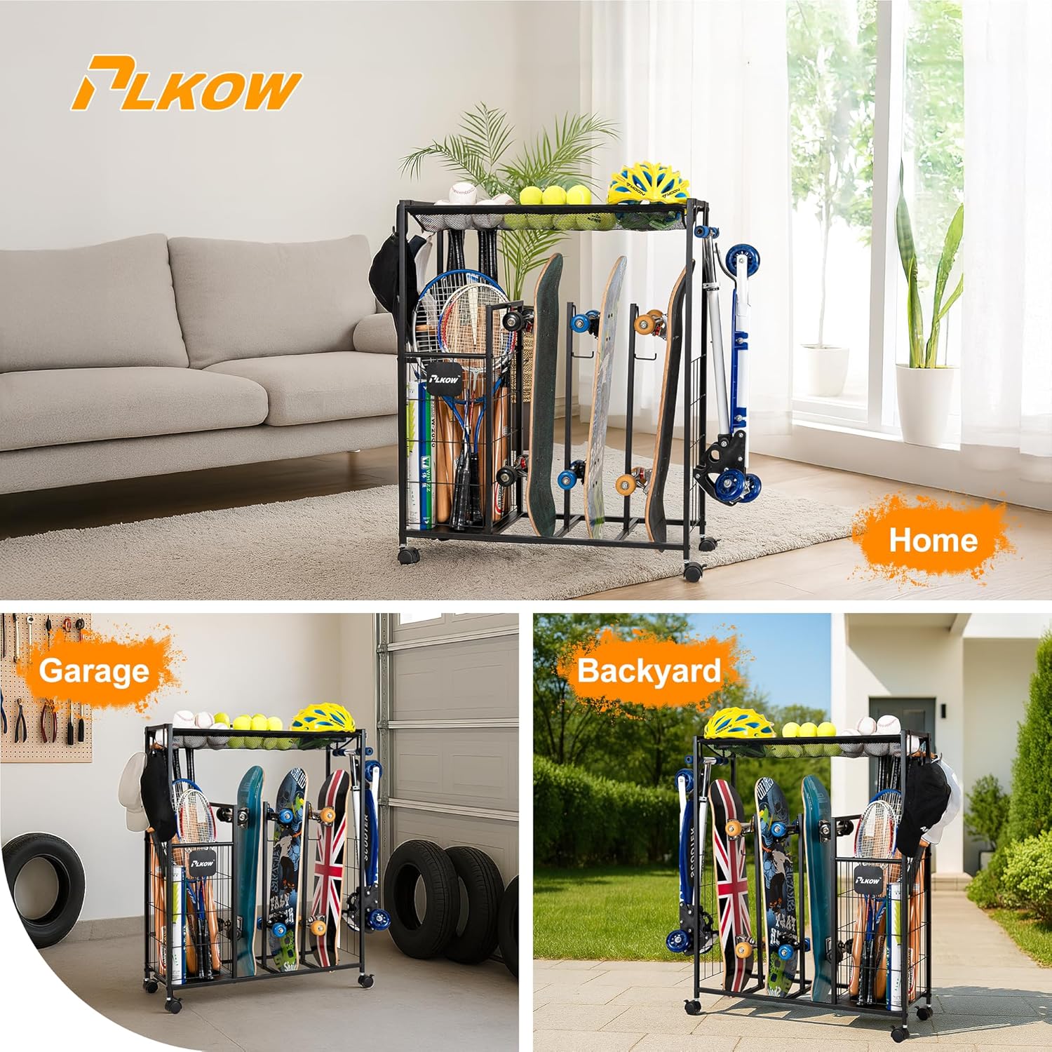 PLKOW Skateboard Storage Rack with Wheels, Sports Organizer for Skateboards, Scooters, Balls, Helmets and Sports Gear, Heavy Duty Sports Storage Rack for Garage, Home or School Use image 2 of 8 B0F8H9KCCW