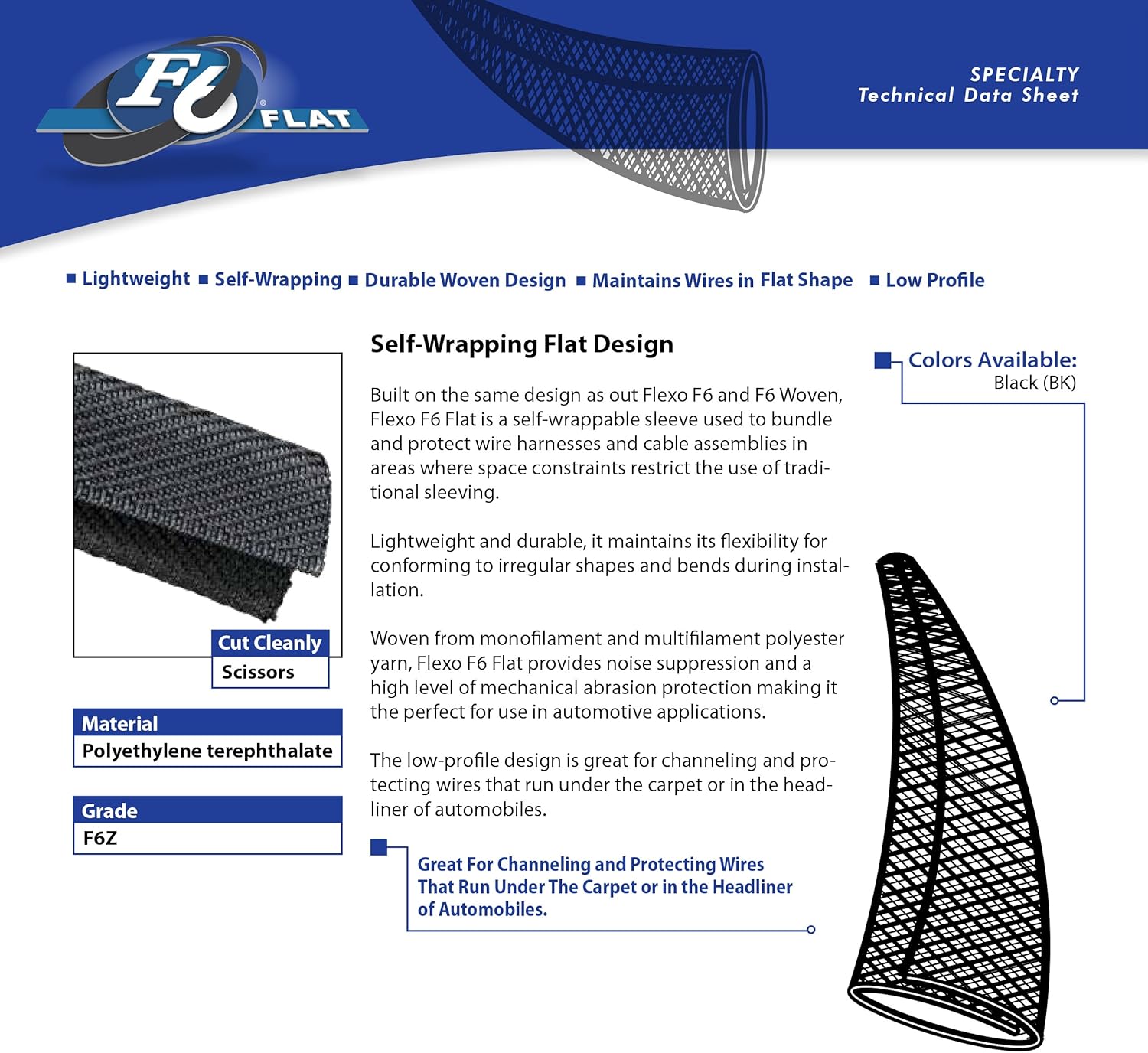 Electriduct 2.25" F6 Flat Braided Wrap Around Sleeving Flexible Mesh Cable Protector Wire Cover - 10 Feet - Black