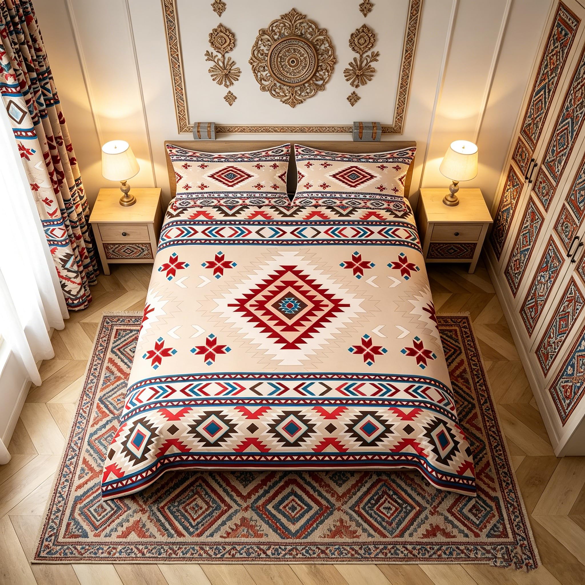Manfei Boys Multi 23 Ethnic Floral Duvet Cover Set Double Size, Abstract Geometric Bedding Set 3Pcs For Kids Girls Room Decor, American Indian Style Comforter Cover Navajo Tribal Quilt Cover With 2 Pillowcases