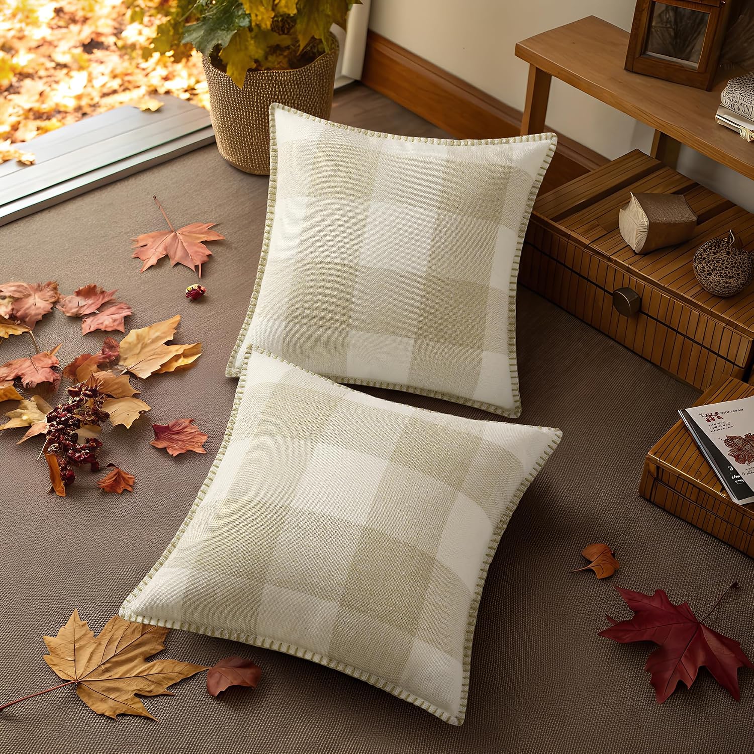 decorUhome Fall Plaid Linen Throw Pillow Covers 18x18 Set of 2 Cream White | Buffalo Check Cozy Decorative Farmhouse Gingham Pillow Cases with Stitched Edge for Bed Couch Sofa Classic Modern Accent