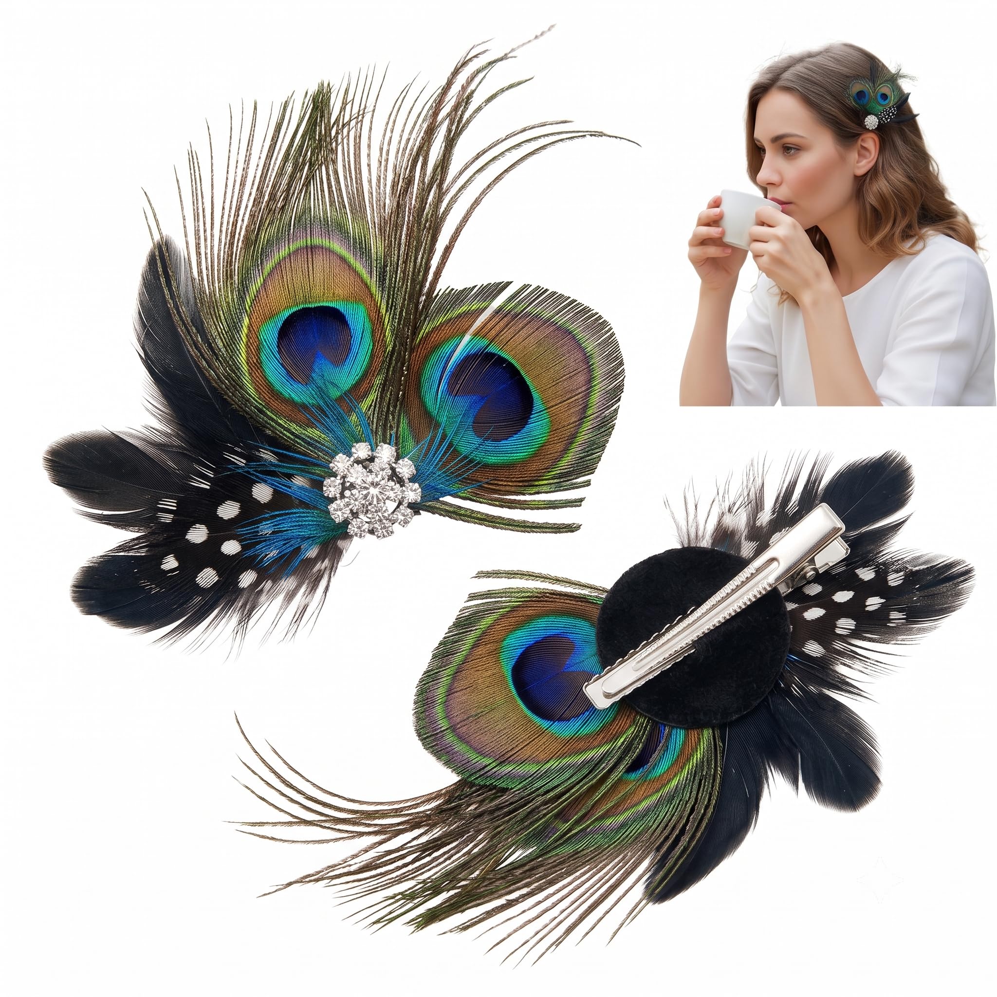 Veemoon Feather Peacock Hair Clip, 2pcs Elegant Feather Headpiece with Rhinestones 1920S Charming Fascinator Vintage Lady Headdress Accessories Non-Slip for Bridal Weddings Prom Carnival Party