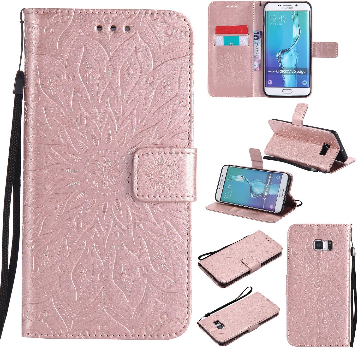 A-slim Galaxy S7 Wallet Case, (TM) Beauty Fashion Sun Pattern Embossed PU Leather Magnetic Flip Cover Card Holders & Hand Strap Wallet Purse Cover Case for Samsung Galaxy S7 - Rose Gold