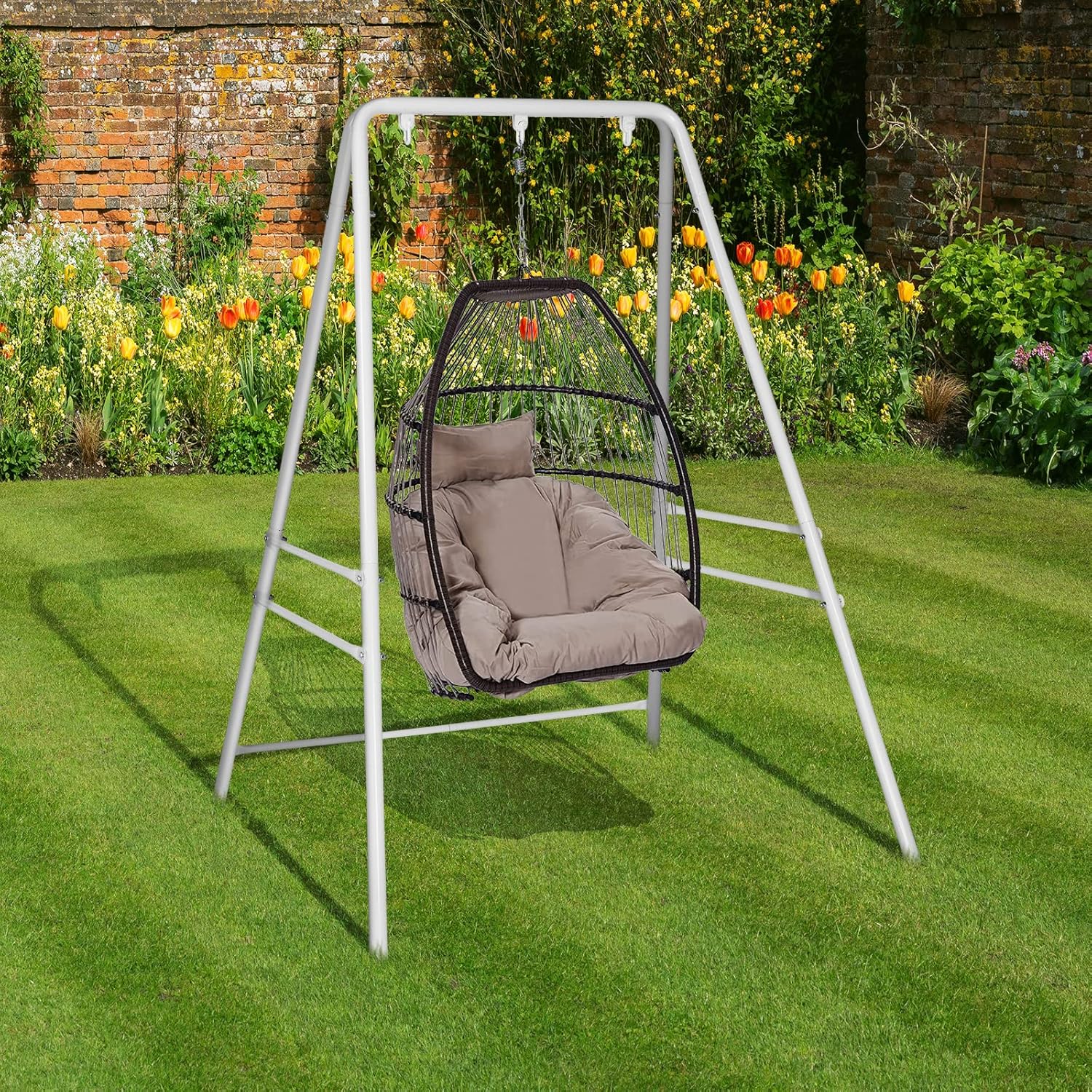 Outdoor Hammock Chair Stand,A-Shaped Metal Swing Stand Frame,Heavy Duty Hanging Chair Stand,Weather Resistant Hammock Stand,with Three Hooks, for Bedroom, Garden, Patio, Porch, White (Stand Only)