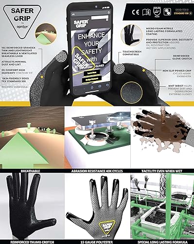 Miniatura 8 de Guantes recubiertos de nitrilo con agarre, pantalla táctil (paquete de 2) entrepierna reforzada para el pulgar - Marca SAFERGRIP