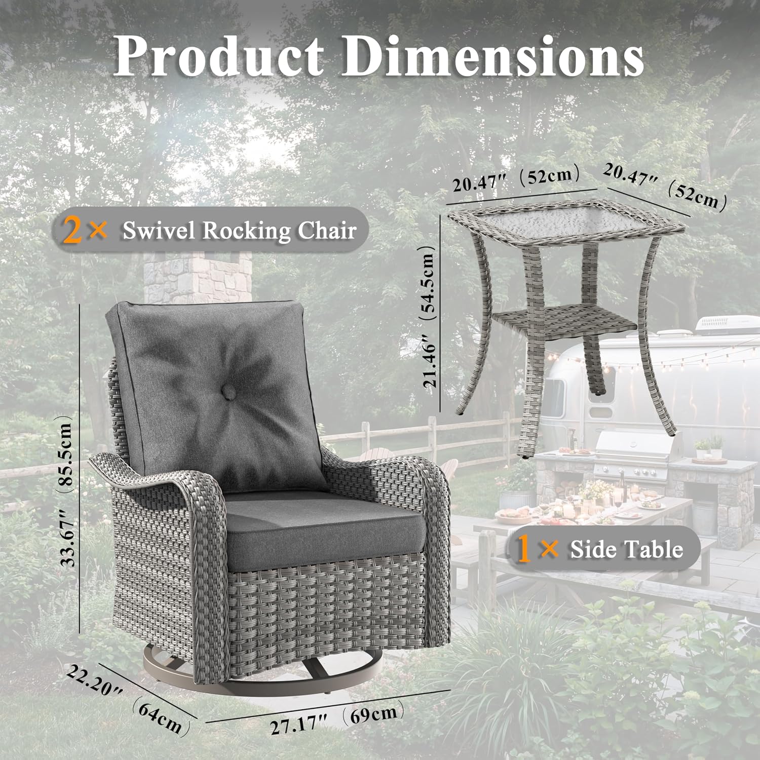 3 Piece Wicker Patio Furniture Set, Swivel Rocking Chairs with 4''Cushions, PE Rattan, Rust Resistant Frame, Double Layer Glass Side Table, for Backyard, Deck or Balcony, Black