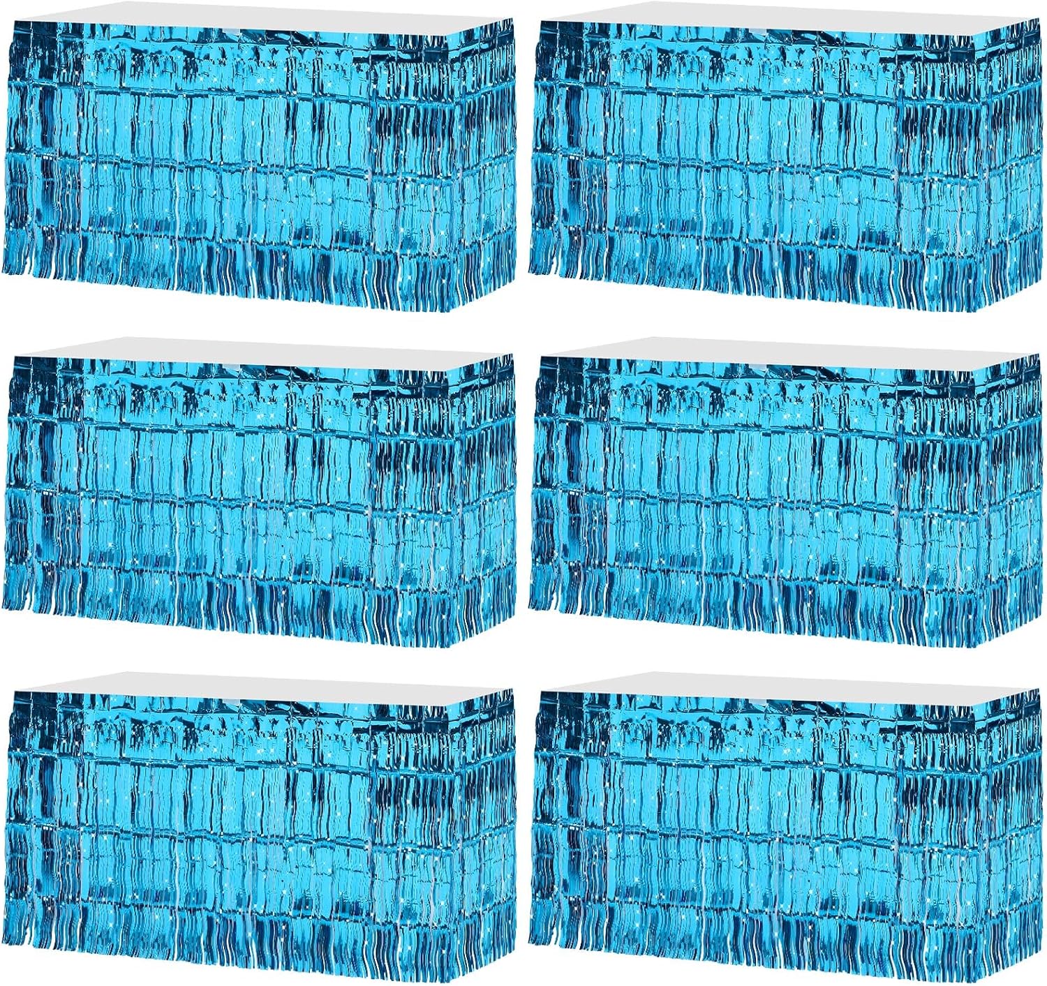 6 Pack 29x108 Inch Teal Blue Wavy Tinsel Foil Fringe Table Skirts Table Decorations for Mermaid Birthday, Summer Beach Theme Party, The Ocean Tropical Luau Shark Birthday Party Decor