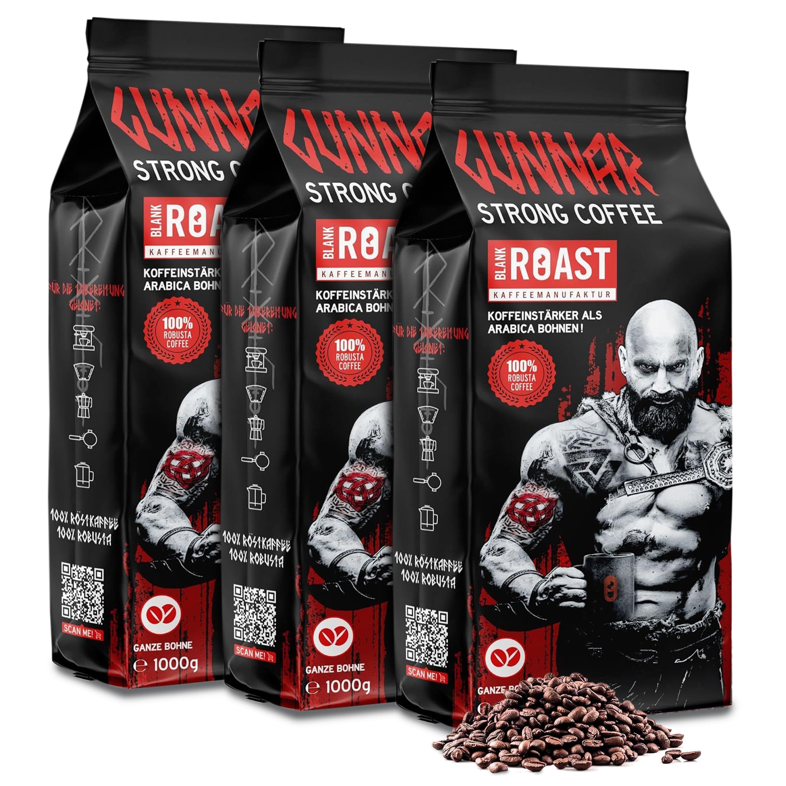 Blank Roast - GUNNAR - 1kg (3er Pack) - Ganze Kaffee-Bohnen Extra Stark - Kräftige Robusta-Röstung - 494mg Koffein je Tasse - Würzig & Kraftvoll mit Noten von dunkler Schokolade - Säurearm