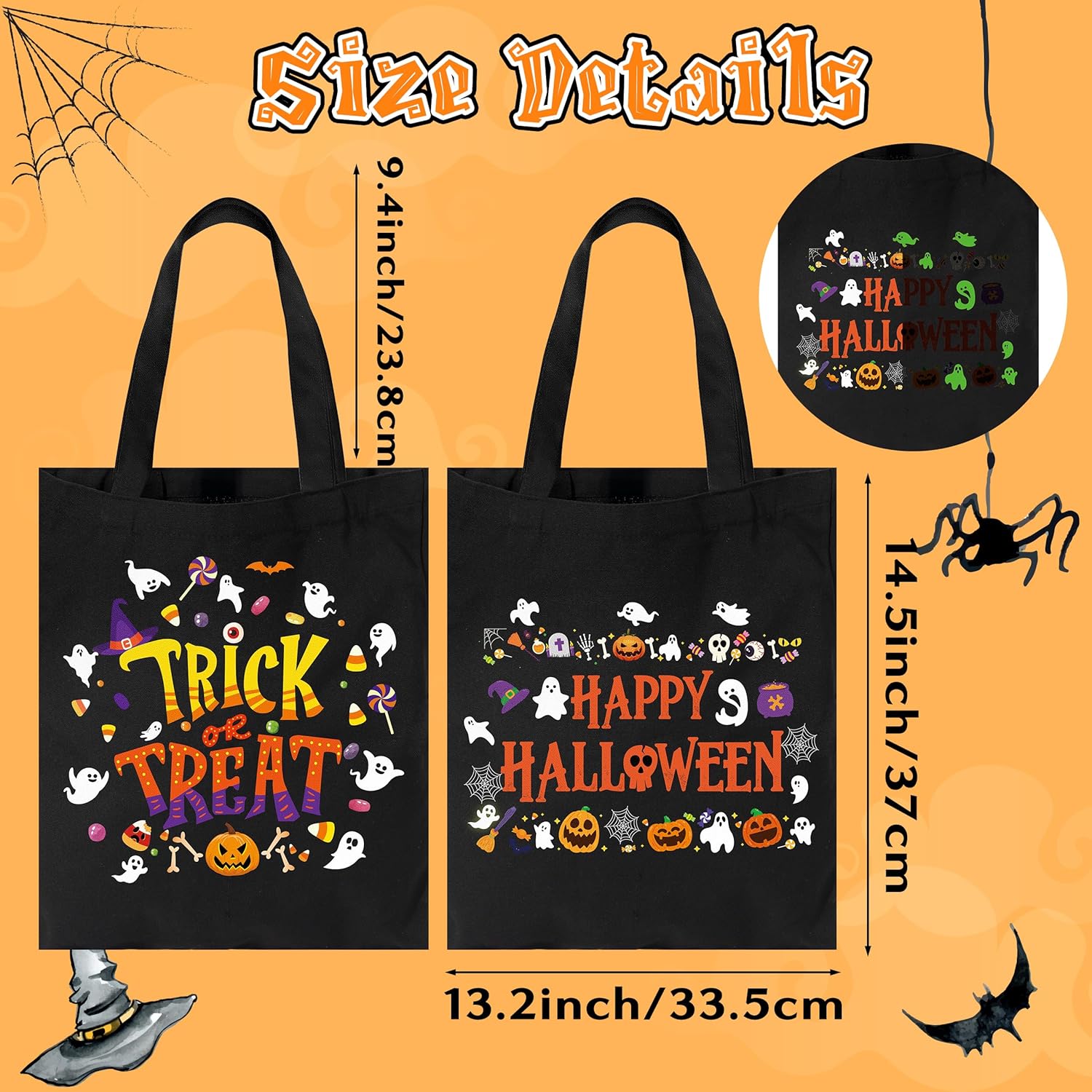 Y1tvei Happy Halloween Canvas Bags - 2Pcs Black Trick or Treat Canvas Tote Bags, Ghosts Glow in the Dark Halloween Candy Pumpkin Bag, Reusable Grocery Folding Shopping Bag Supply for Party Women Girls - Image 4