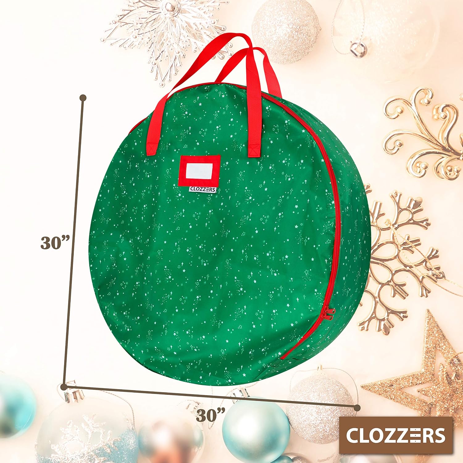 CLOZZERS Christmas Wreath and Garland Bag with Durable Zippered Closure and Sturdy Handles, for Wreaths up to 30” Inches, Heavy Duty, Tear Proof and Water Resistant, Green Stars Print