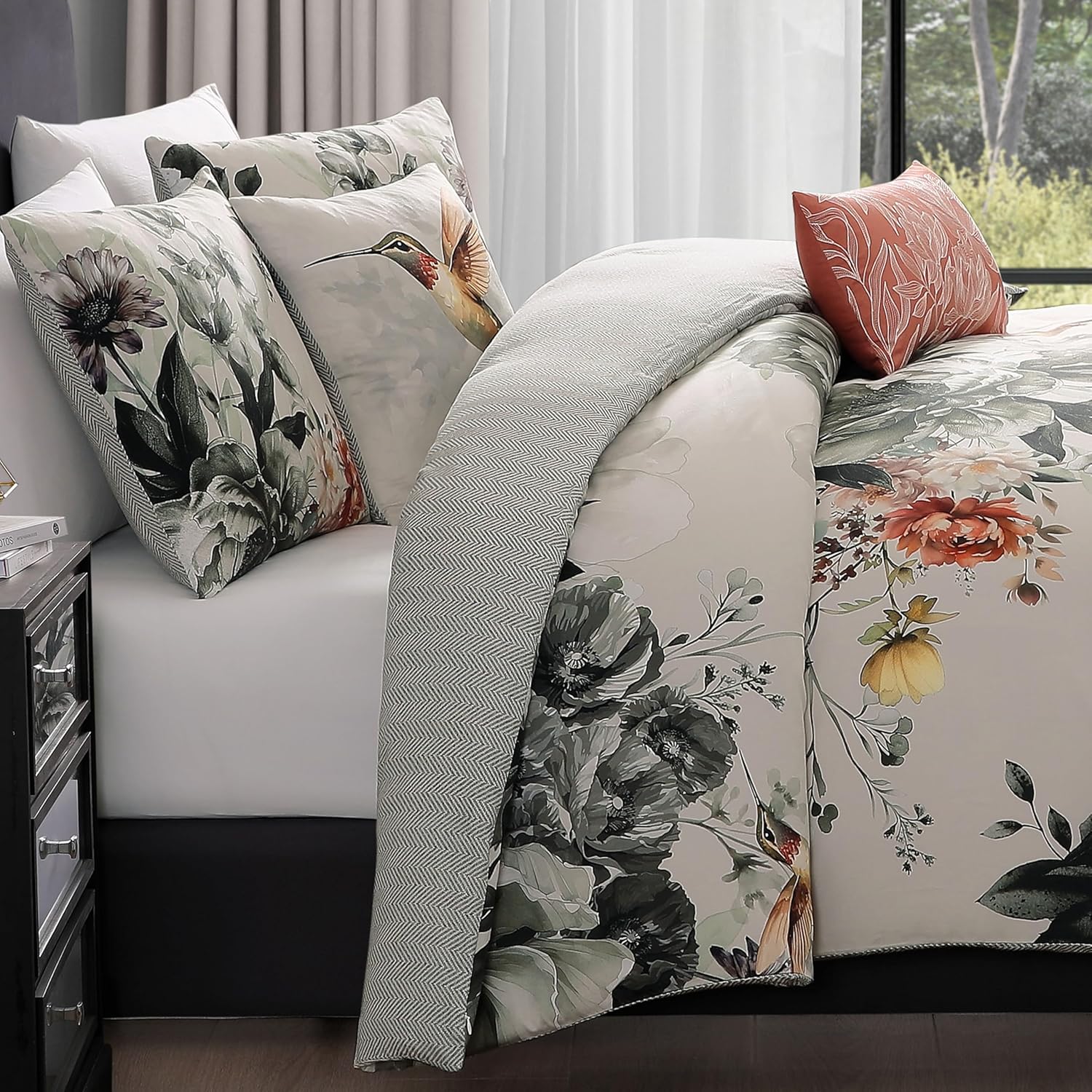 Bebejan Vintage Bloom 5 Piece Comforter Set, 100% Cotton Sateen, 220 Thread Count, Grey Reversible Bedding Comforter Set, 1 Comforter, 2 Shams & 2 Pillows (King/Cal King)