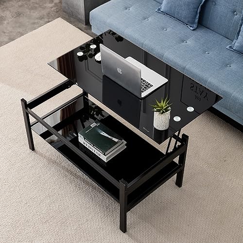 Mesa de centro de cristal negro para sala de estar, mesa de cóctel Mordern de 2 capas con almacenamiento rectangular de vidrio templado, patas de