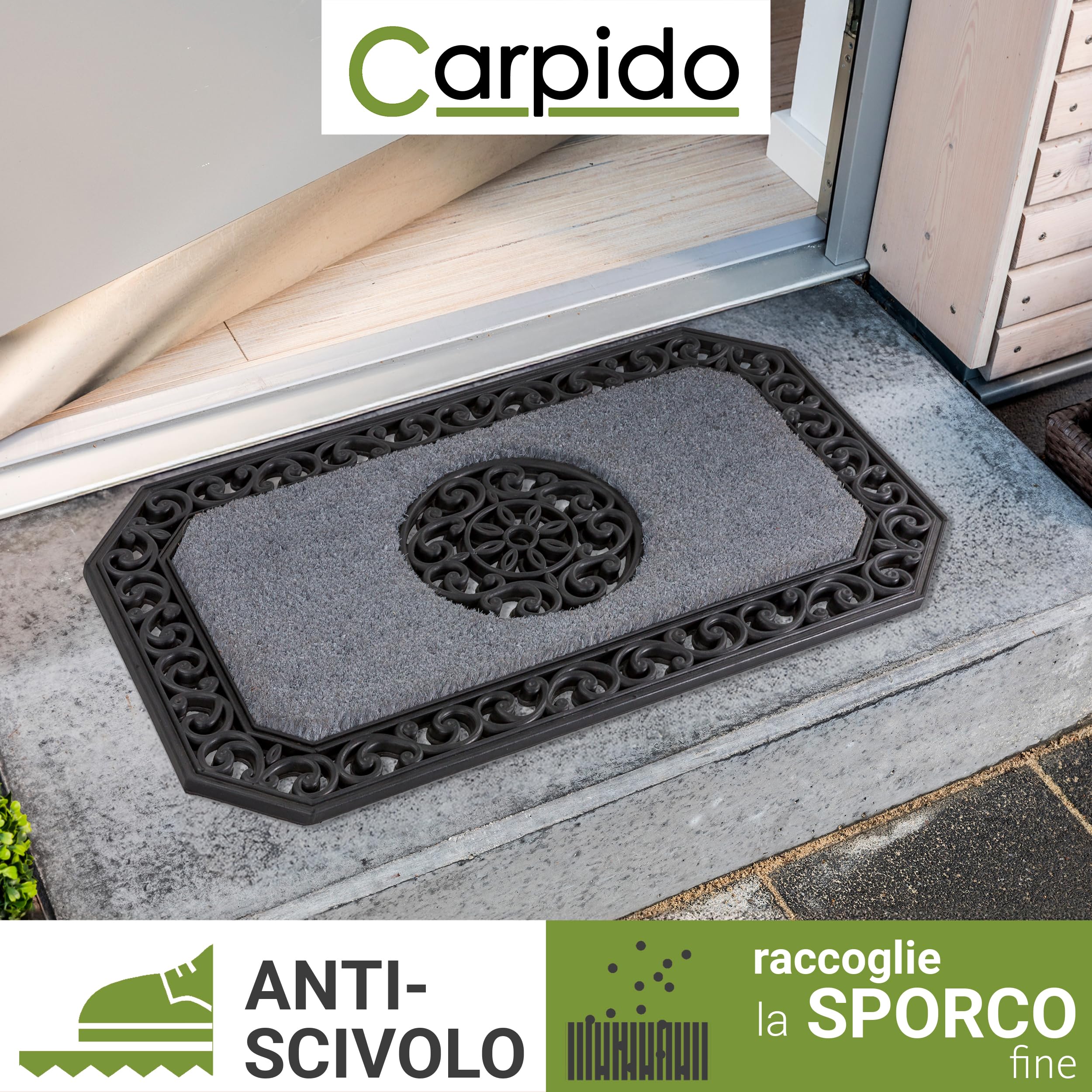 Carpido Zerbino grigio - Clean run 45x75 cm set di 2 - Zerbino per porte interne - Tappeto per ingressi in ambienti esterni coperti - Tappeto in cocco con bordo in gomma