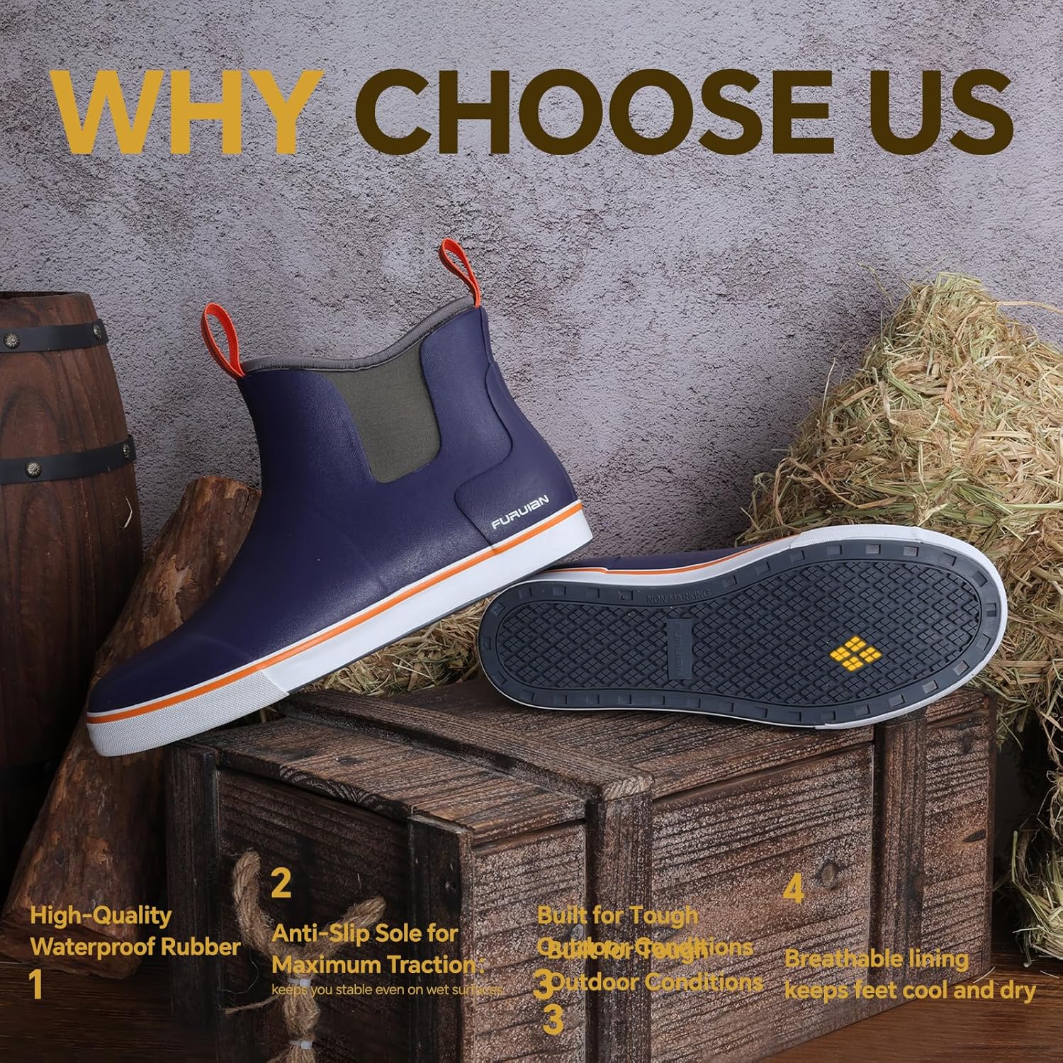 Furuian Men's Deck Boots Fishing Boots Waterproof Rain Boots Ankle Booties Slip On Neoprene Rubber Footwear Chelsea Boots Men botas para hombre for Gardening Fishing Boating Camping Sailing - Image 6