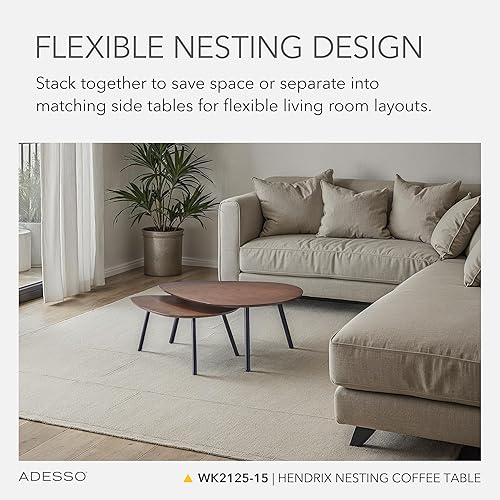 Miniatura 3 de Adesso Juego de dos mesas auxiliares anidables, chapa de roble nogal y patas de metal negro mate, mesas decorativas modernas versátiles para salas