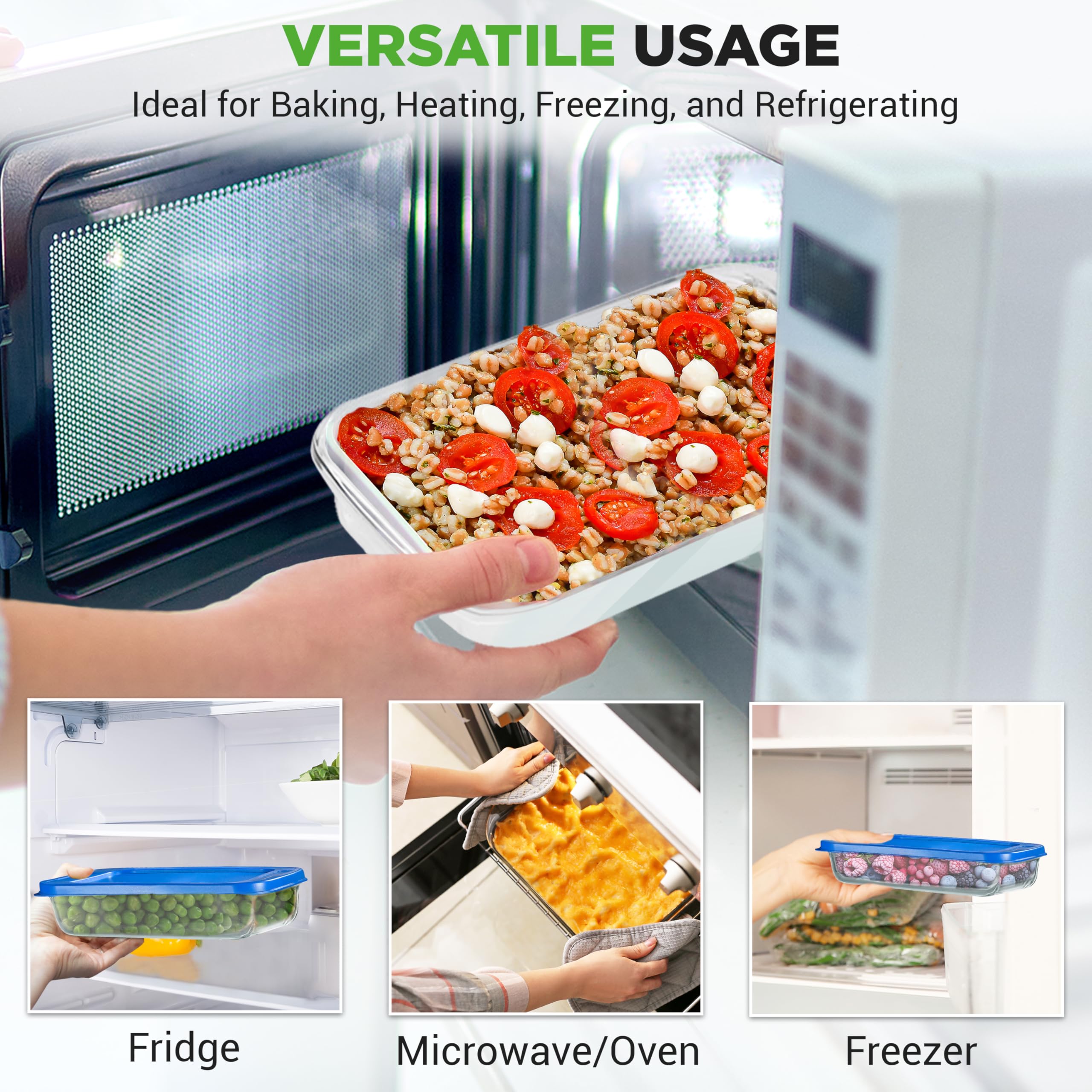 NutriChef 4 Sets Glas-Backformen – hohe Borosilikatglas-Backform mit blauen BPA-freien PE-Deckeln, Gefrierschrank zu Backofen, Küche, Backen, Auflaufform, stapelbar, spülmaschinengeeignet