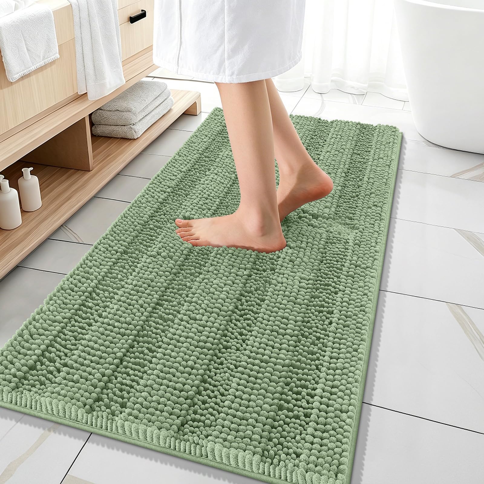 OLANLY Thick Bathroom Runner Rugs 47x20, Chenille Bath Rugs, Sage Green