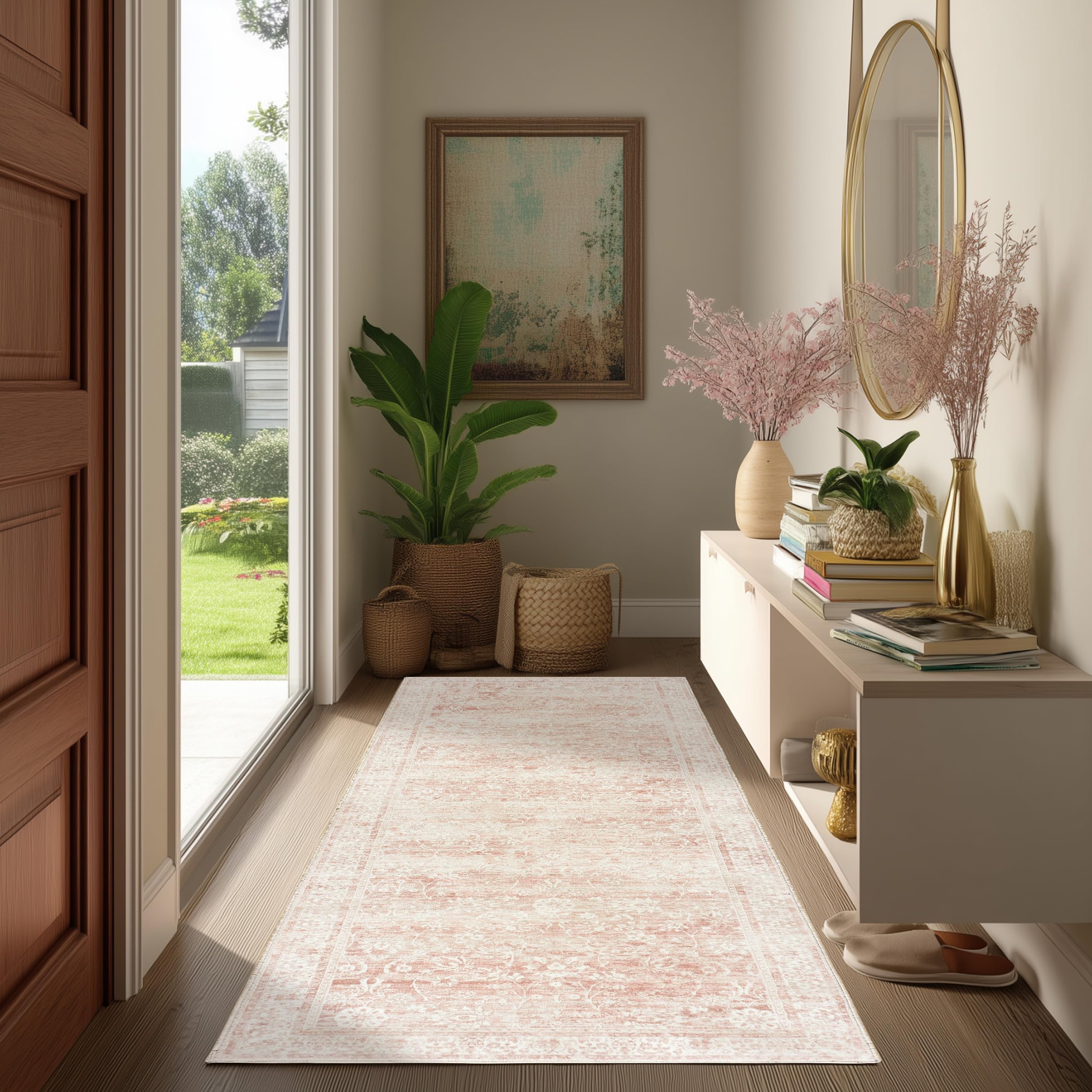 BILEEHOME Vintage Design Floral Area Rug 2x6 Cover Print Distressed Carpet Multi Rug Kitchen Living Room Bedroom Dining Room,Pink โ image 1