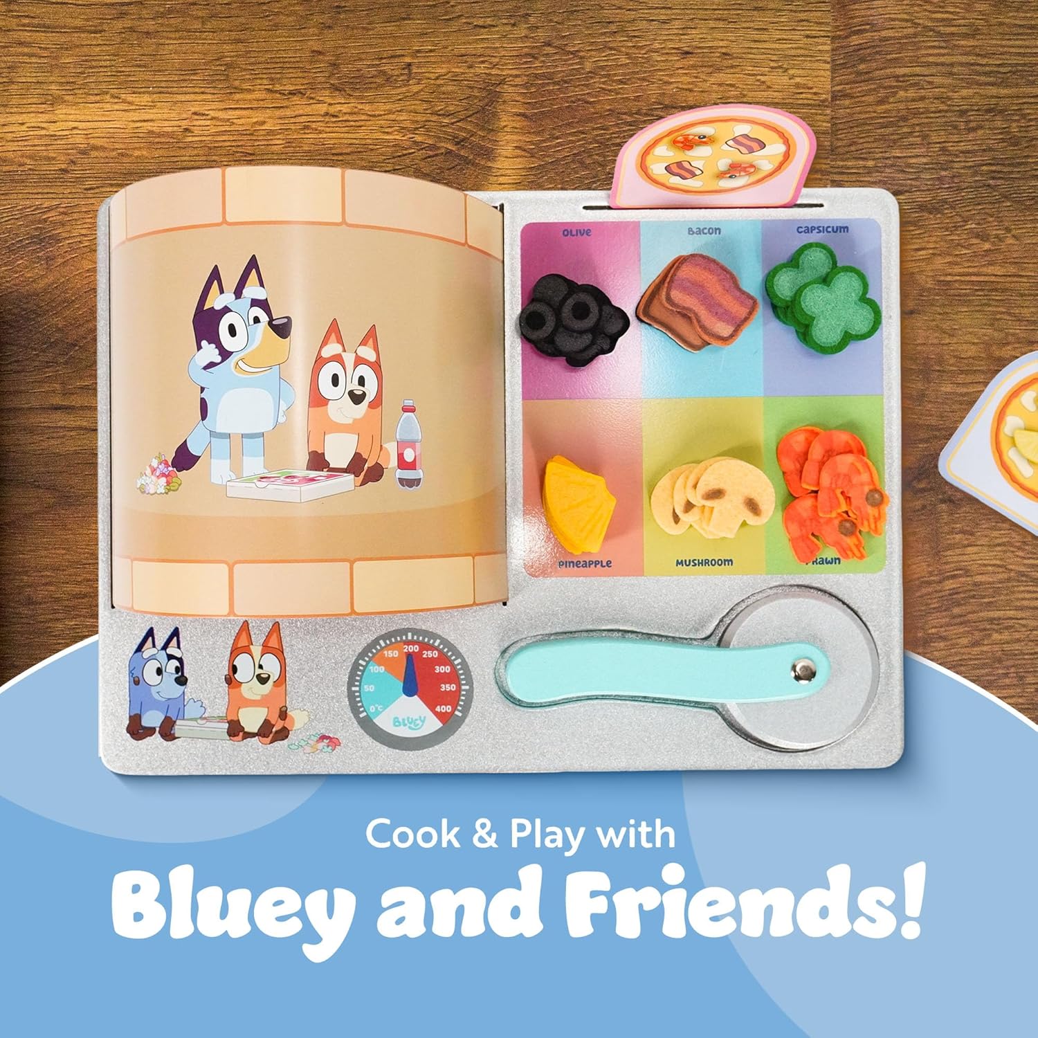 Bluey Pizza Set - 35 Piece Toy Food Set, Wooden Pizza Playset with Oven, Pizza Pieces, Box, Cutter, Scoop, Order Cards and Toppings - Pizza Toy Set