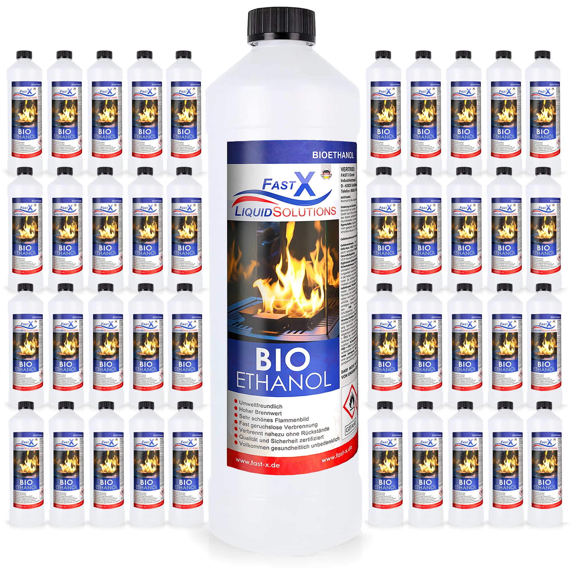 Fast X Bio Ethanol 60x1L - 100% Natürlich, für Ethanol-kamine & Tischkamine. Umweltfreundlich & geruchsfrei, sicher für Raum- & Gartenfeuer mit rückstandsloser Verbrennung
